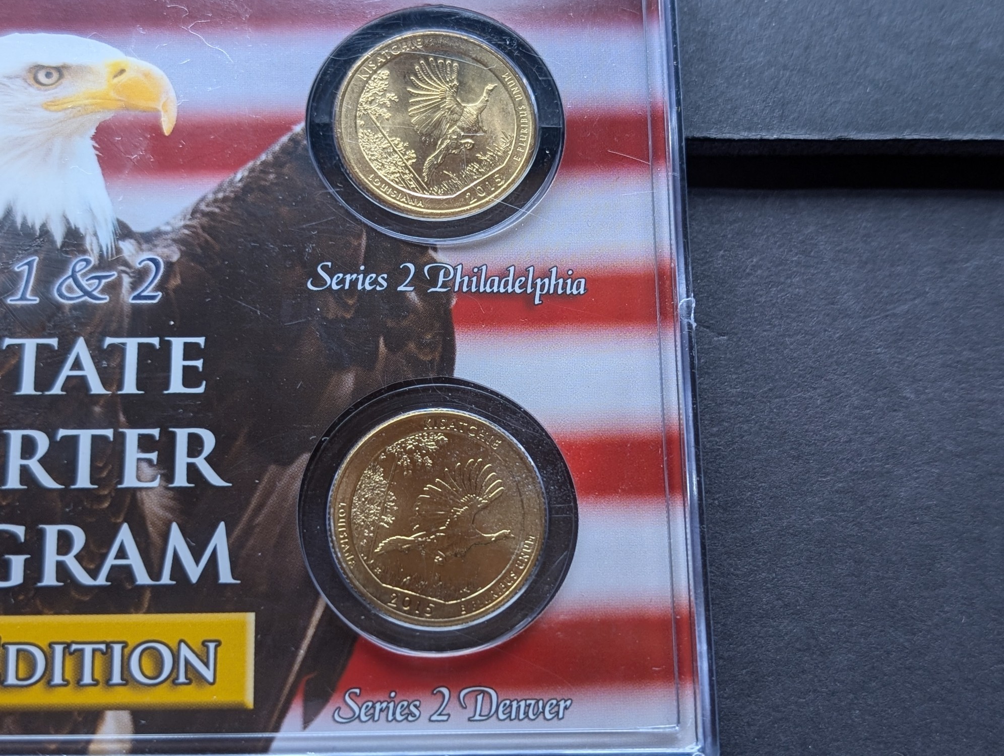 Gold (LAYERED) P&D Mint 2002 Louisiana Statehood & 2015 Kisatchie ATB Park Quarter 4-Coin Collection in Protective Plastic Case w/ COA