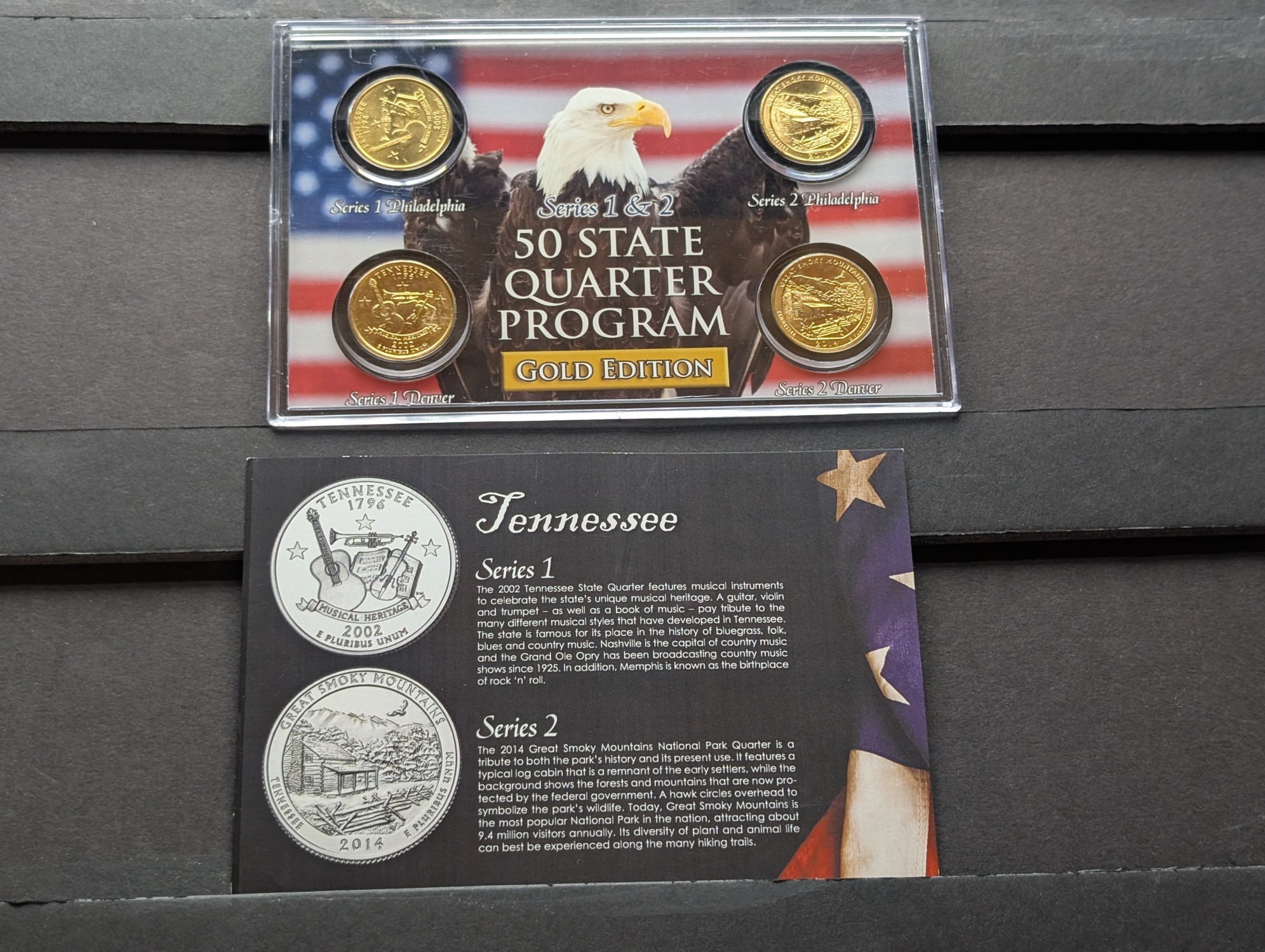 Gold (LAYERED) P&D Mint 2002 Tennessee Statehood & 2014 Great Smoky Mountains ATB Park Quarter 4-Coin Collection in Protective Plastic Case 