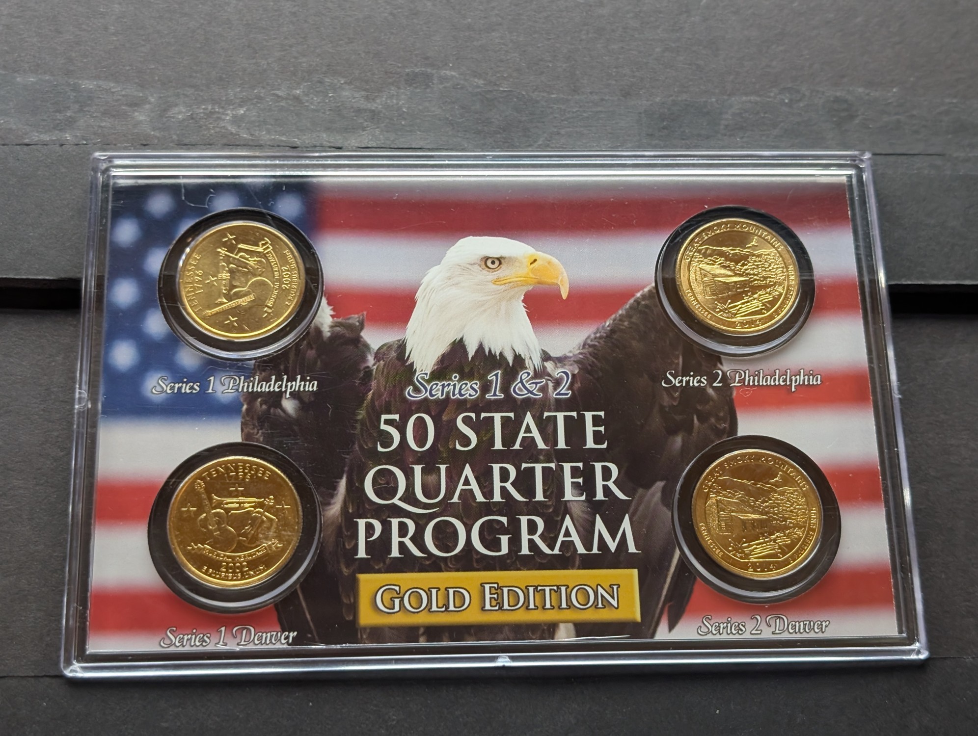 Gold (LAYERED) P&D Mint 2002 Tennessee Statehood & 2014 Great Smoky Mountains ATB Park Quarter 4-Coin Collection in Protective Plastic Case 