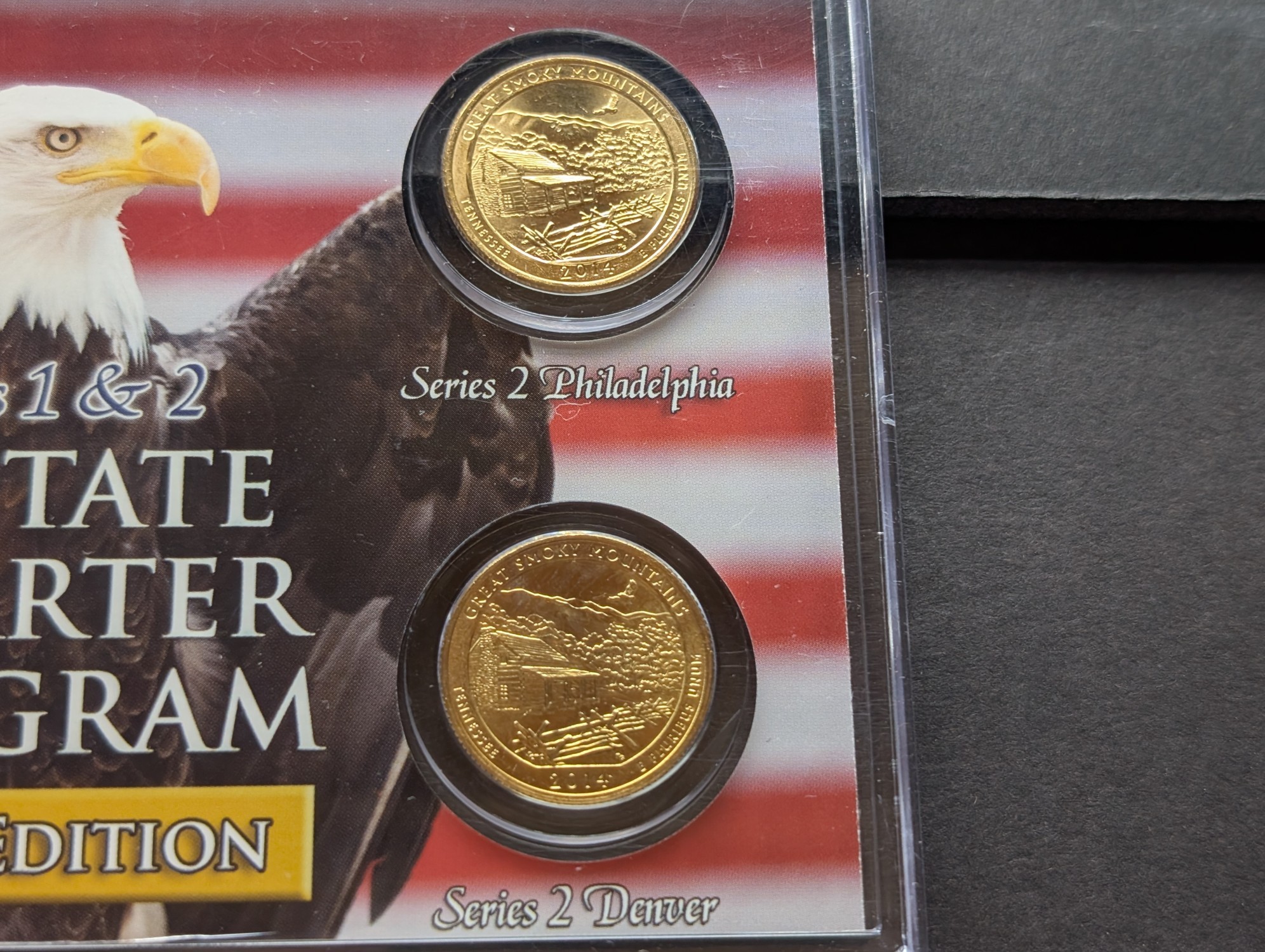 Gold (LAYERED) P&D Mint 2002 Tennessee Statehood & 2014 Great Smoky Mountains ATB Park Quarter 4-Coin Collection in Protective Plastic Case 