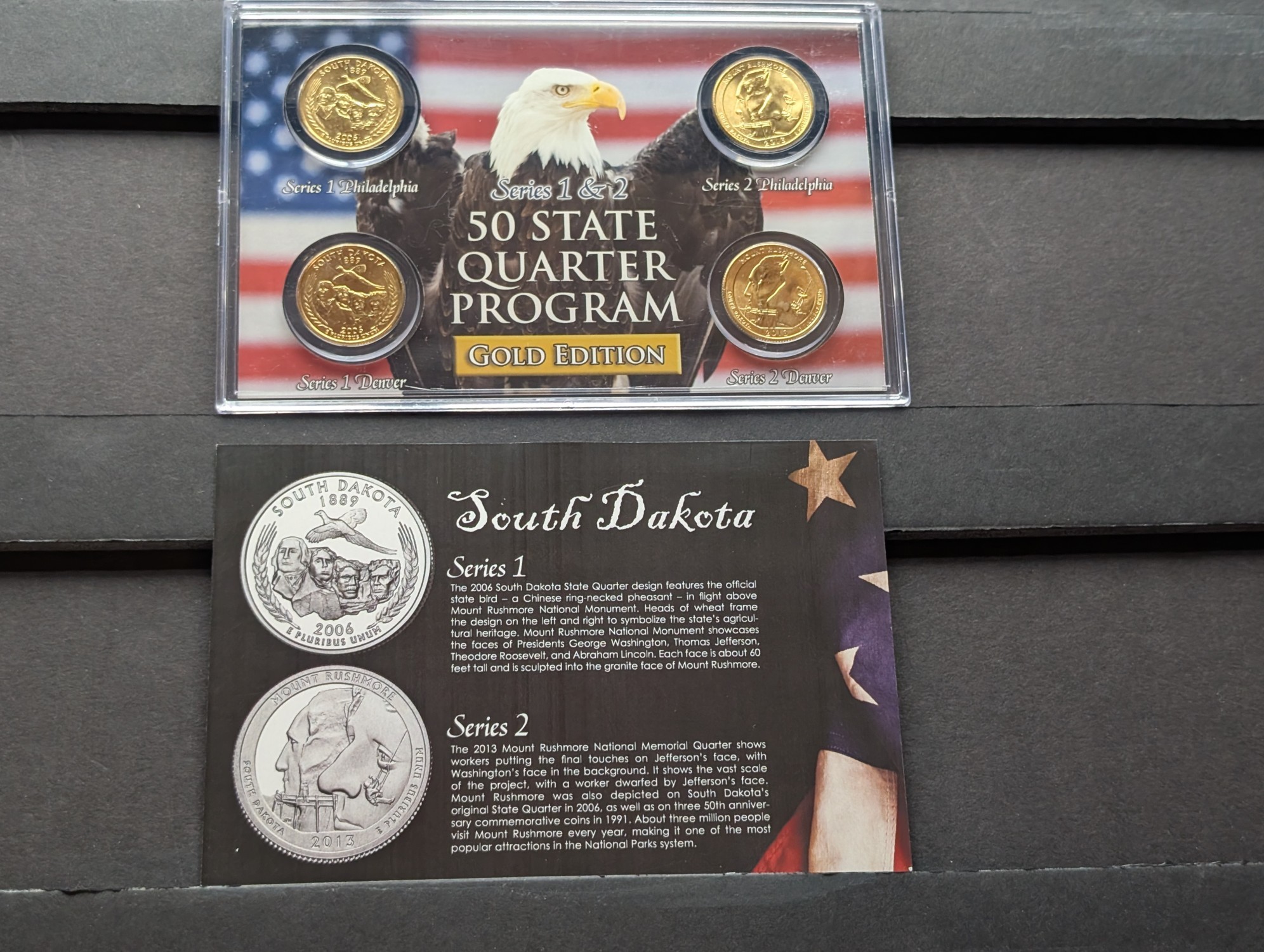 Gold (LAYERED) P&D Mint 2006 South Dakota Statehood & 2013 Mount Rushmore ATB Park Quarter 4-Coin Collection in Protective Plastic Case w/ C