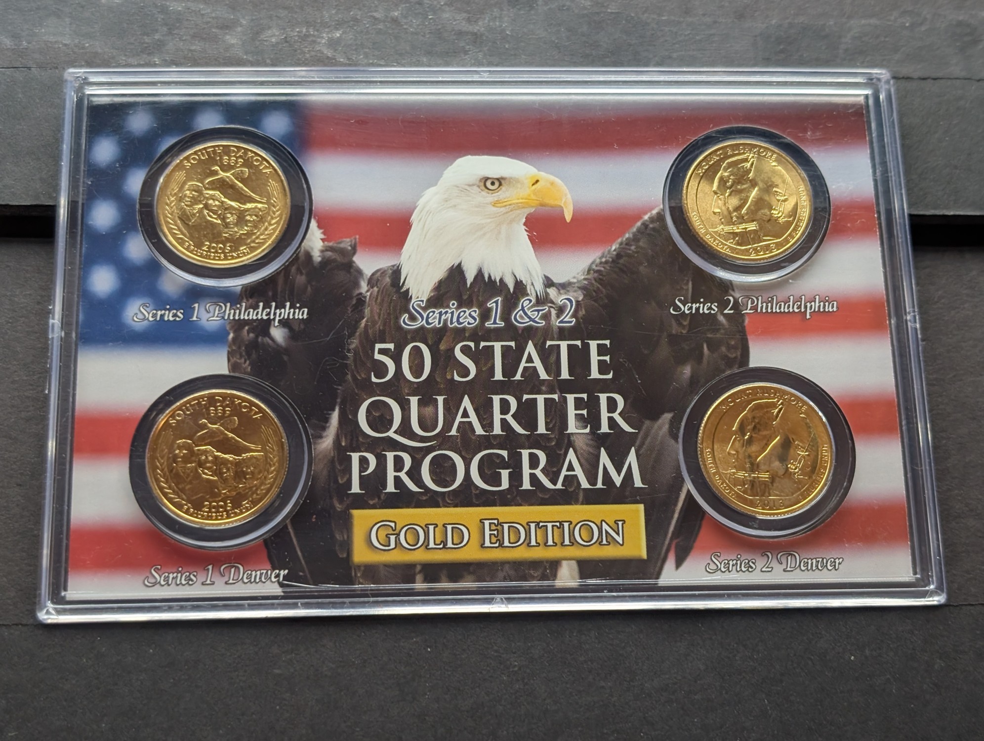Gold (LAYERED) P&D Mint 2006 South Dakota Statehood & 2013 Mount Rushmore ATB Park Quarter 4-Coin Collection in Protective Plastic Case w/ C