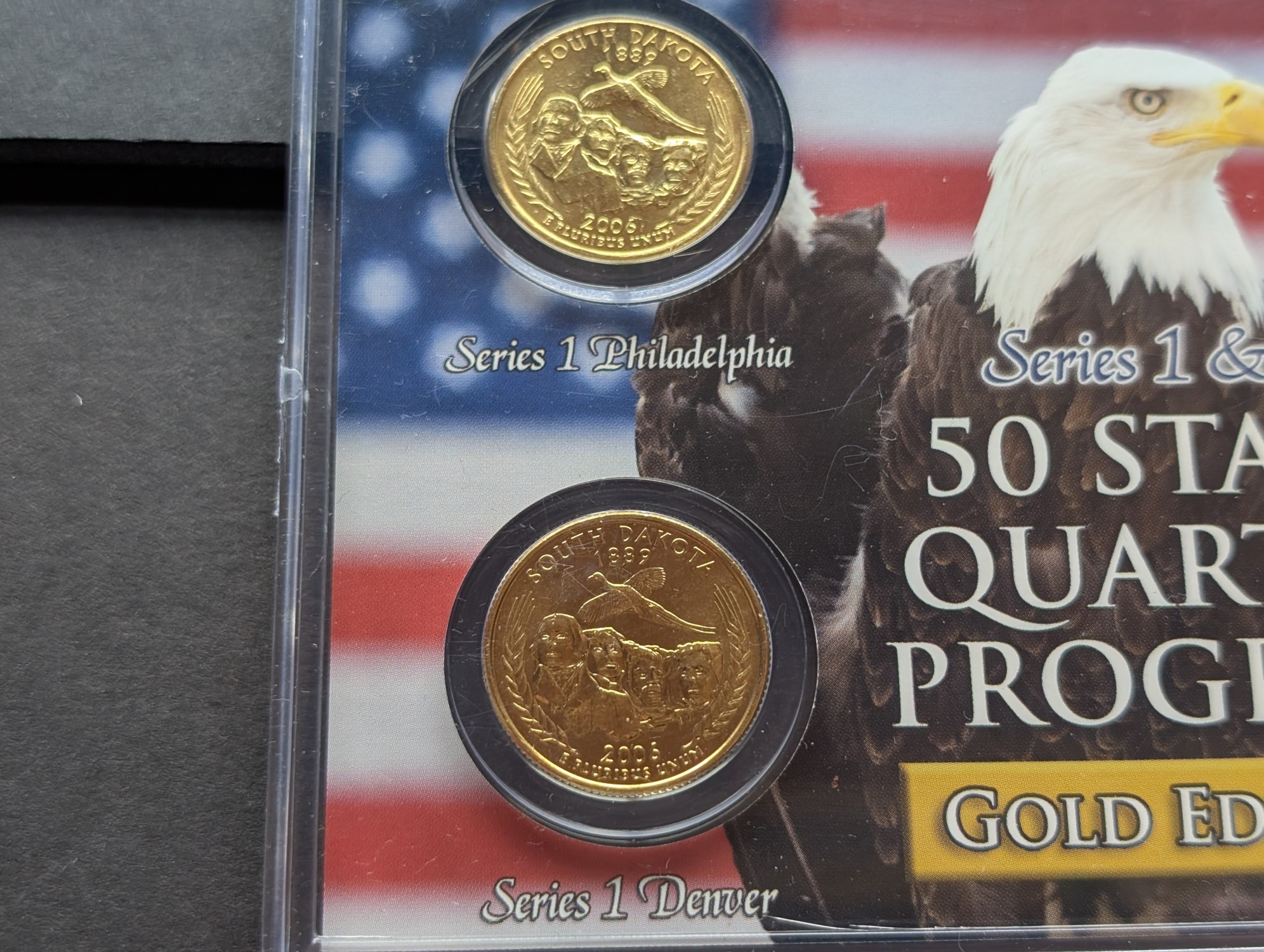 Gold (LAYERED) P&D Mint 2006 South Dakota Statehood & 2013 Mount Rushmore ATB Park Quarter 4-Coin Collection in Protective Plastic Case w/ C