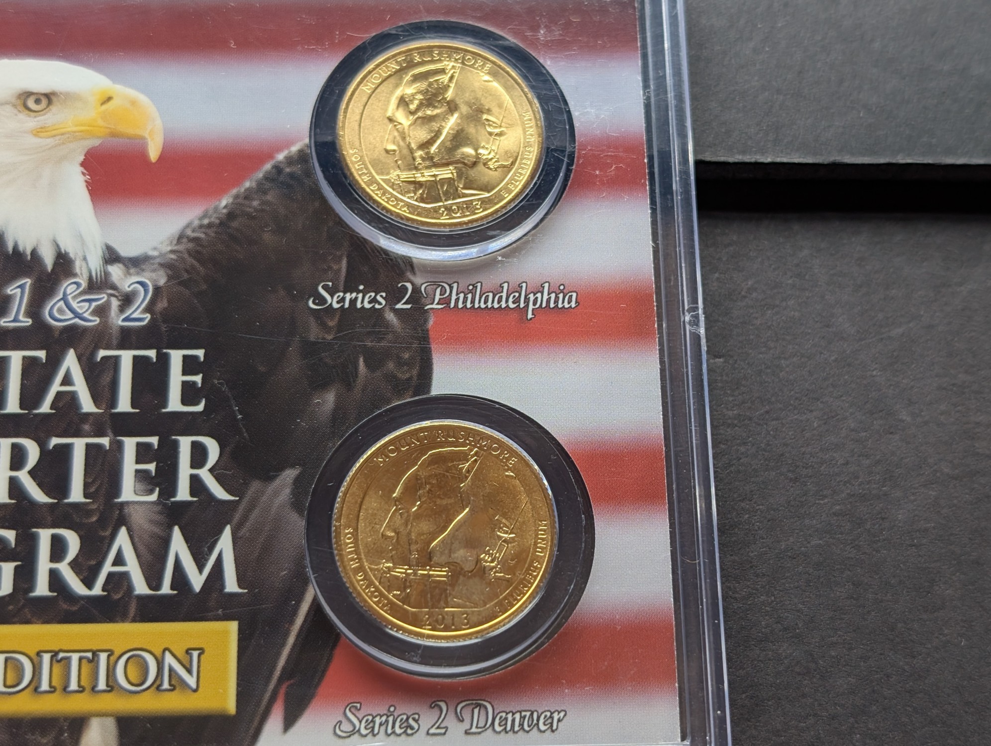 Gold (LAYERED) P&D Mint 2006 South Dakota Statehood & 2013 Mount Rushmore ATB Park Quarter 4-Coin Collection in Protective Plastic Case w/ C