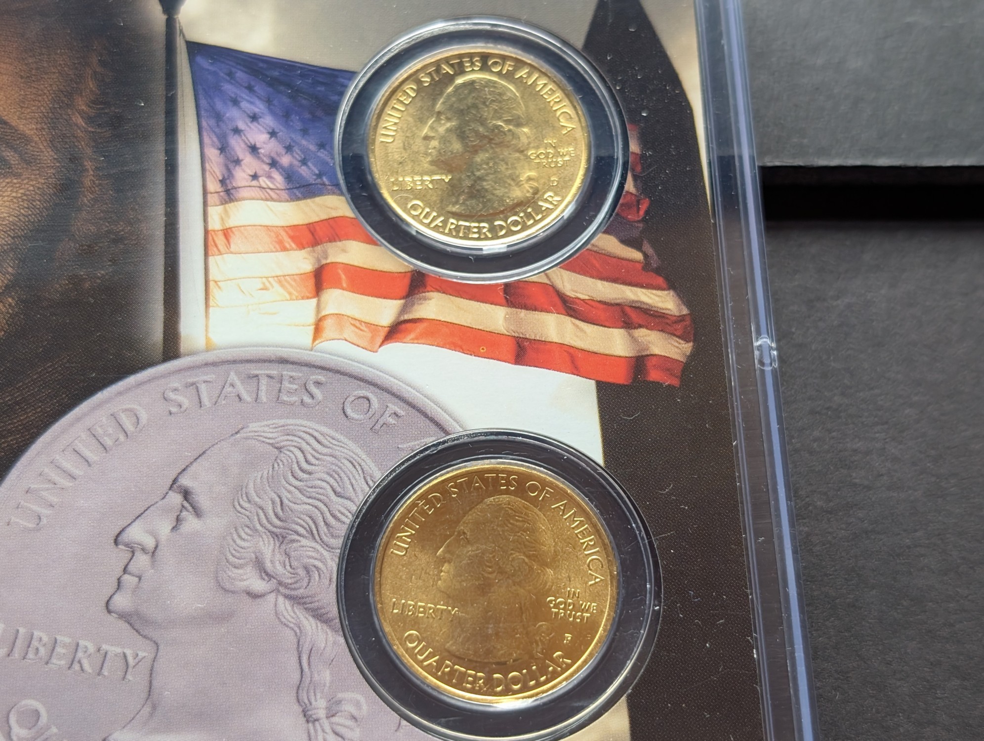 Gold (LAYERED) P&D Mint 2006 South Dakota Statehood & 2013 Mount Rushmore ATB Park Quarter 4-Coin Collection in Protective Plastic Case w/ C