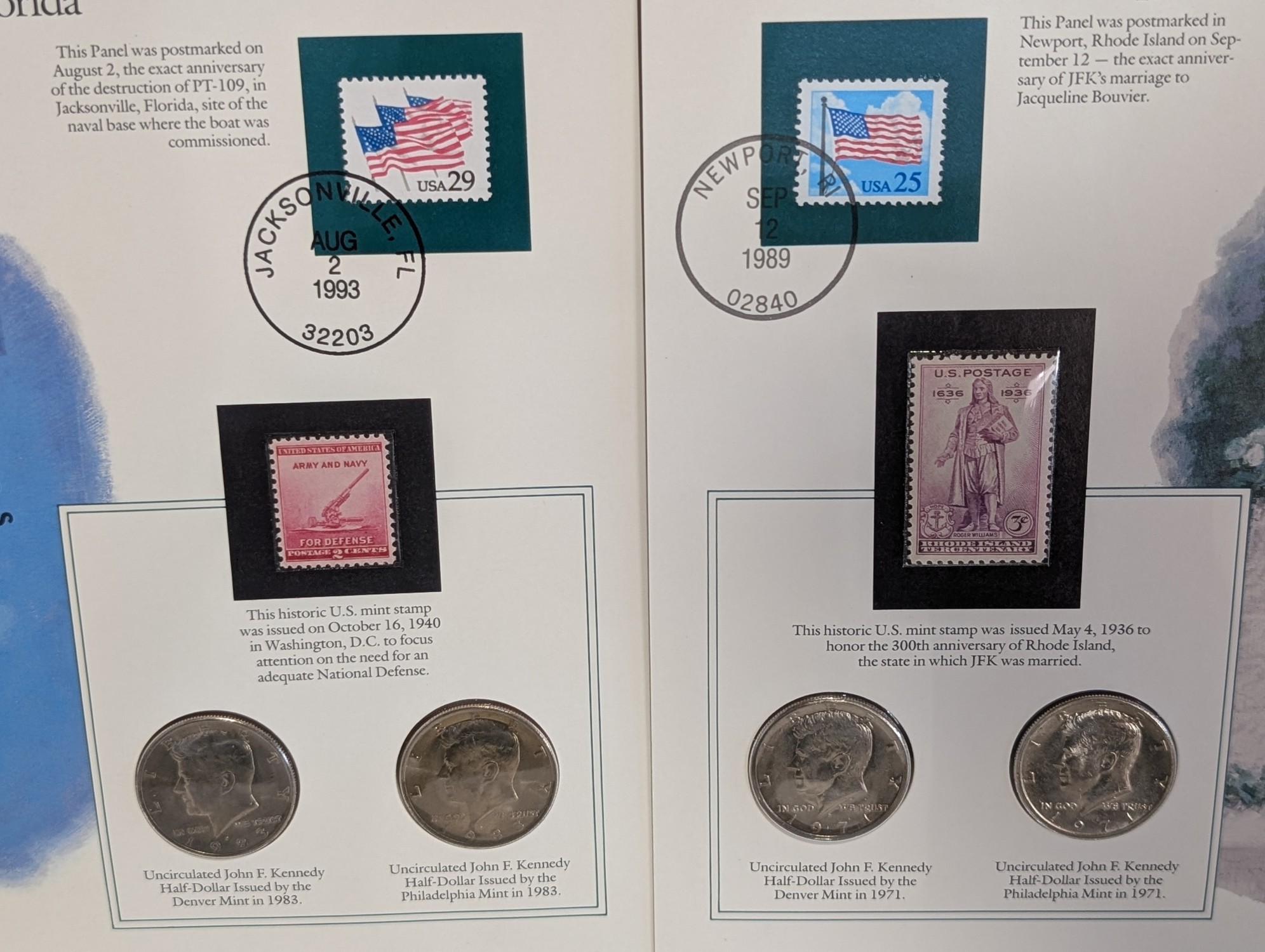 (20) Various Dated Kennedy Half Dollars & Commem Stamps in Info Display Cards