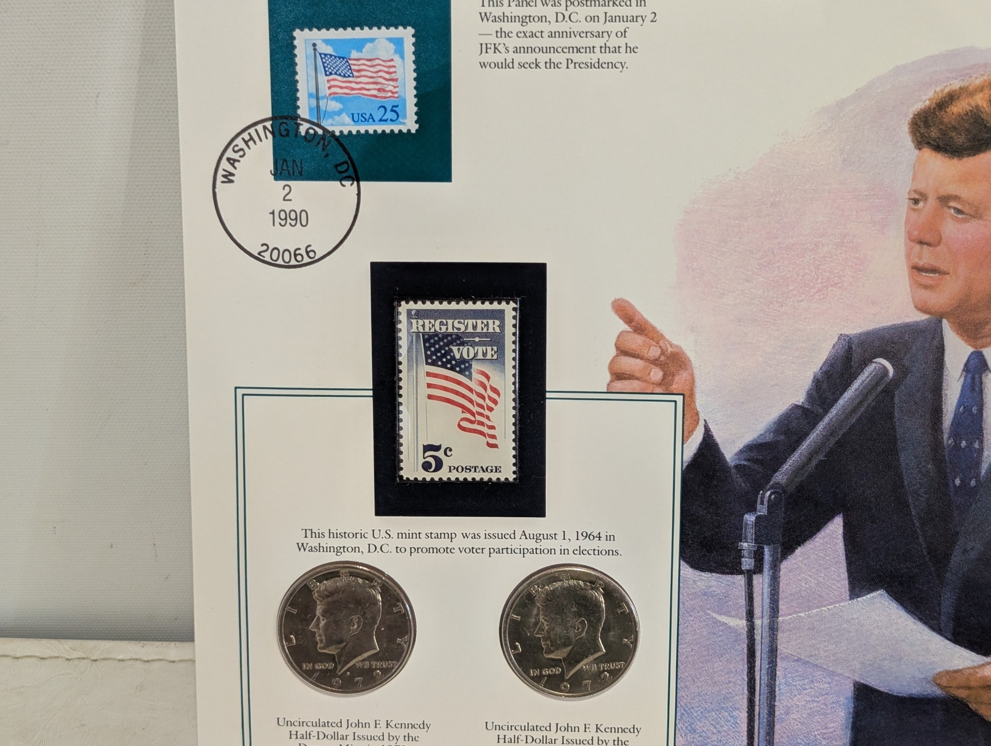 (20) Various Dated Kennedy Half Dollars & Commem Stamps in Info Display Cards