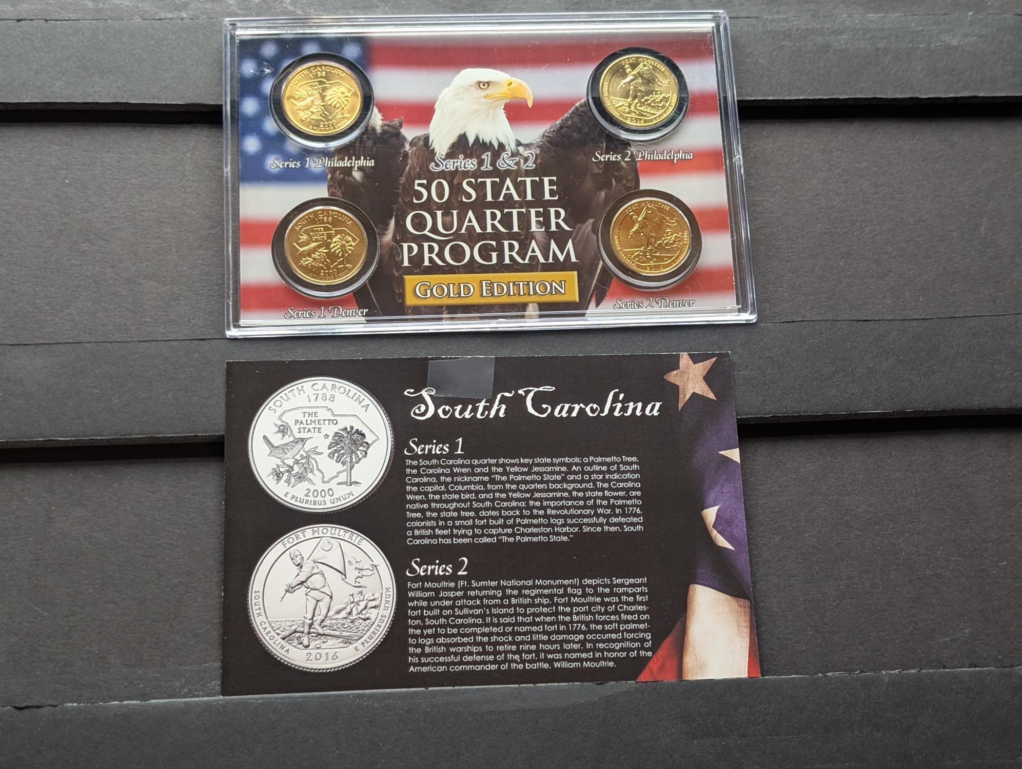 Gold (LAYERED) P&D Mint 2000 South Carolina Statehood & 2016 Fort Moultrie ATB Park Quarter 4-Coin Collection in Protective Plastic Case w/