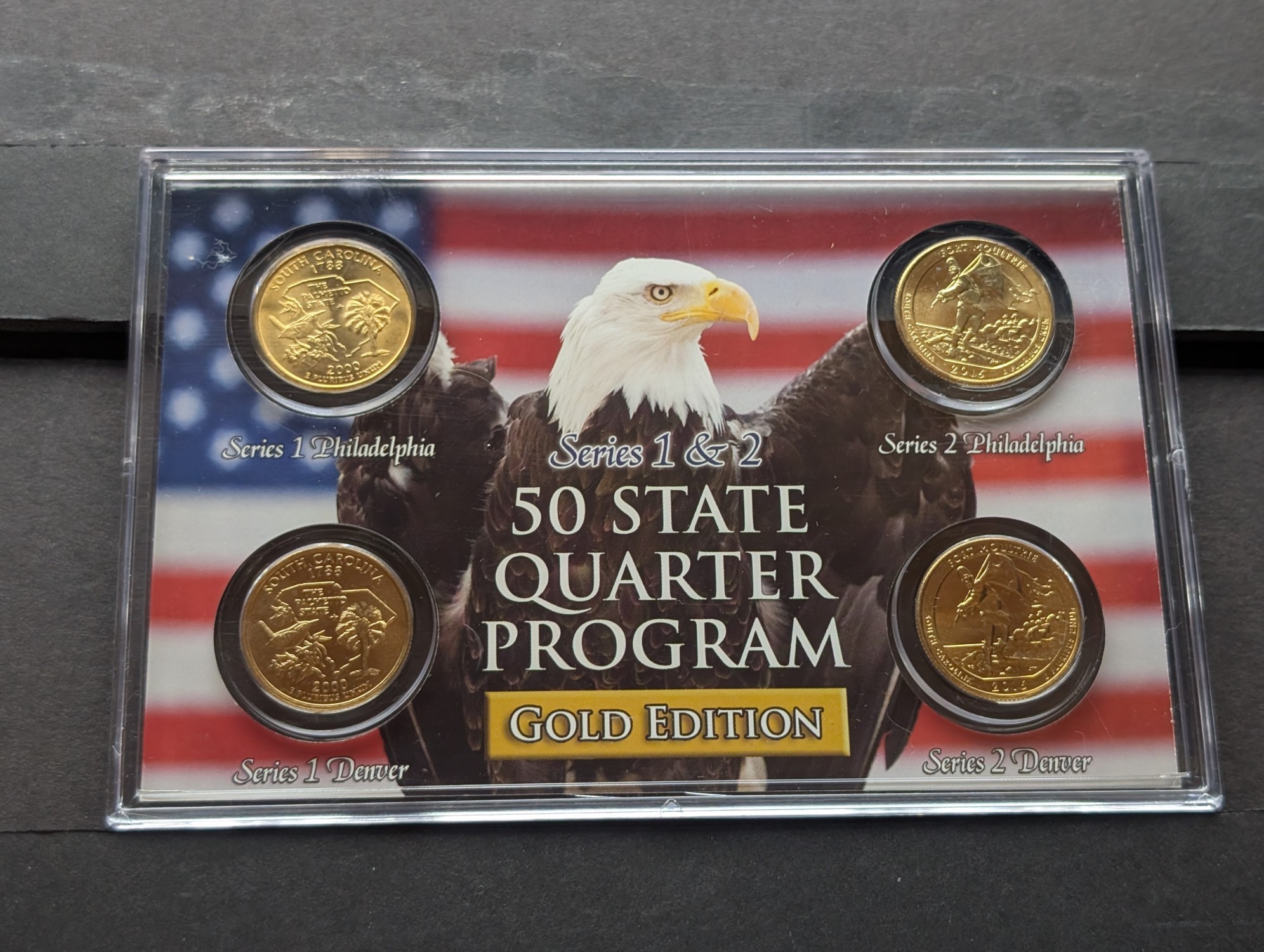 Gold (LAYERED) P&D Mint 2000 South Carolina Statehood & 2016 Fort Moultrie ATB Park Quarter 4-Coin Collection in Protective Plastic Case w/