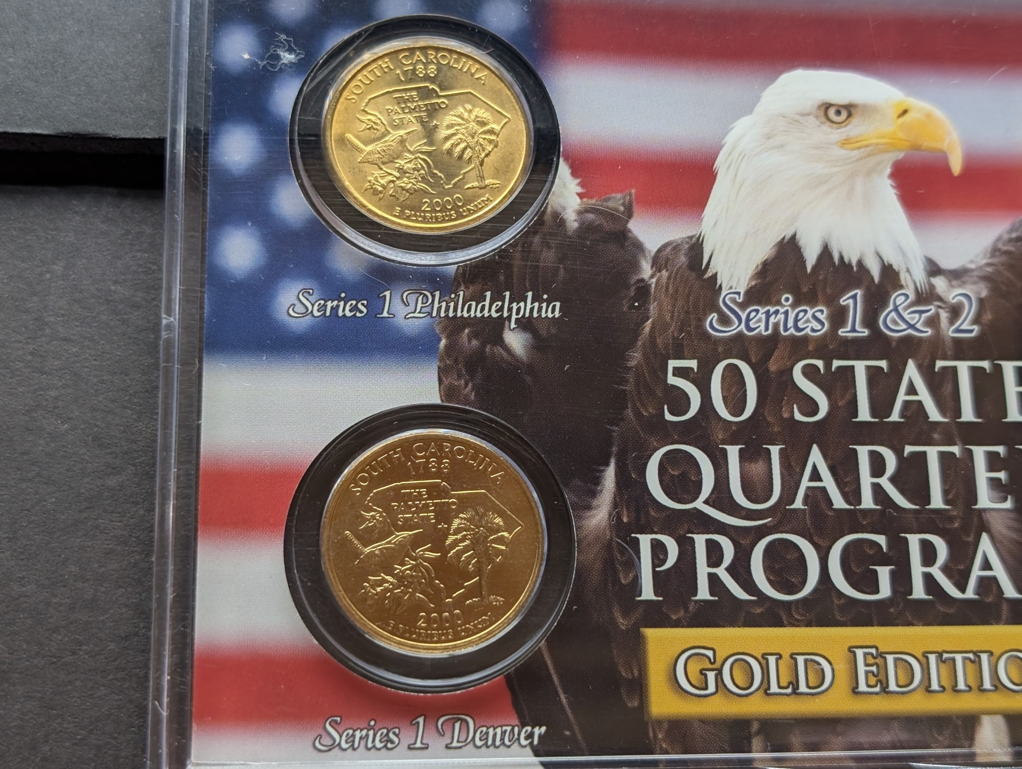 Gold (LAYERED) P&D Mint 2000 South Carolina Statehood & 2016 Fort Moultrie ATB Park Quarter 4-Coin Collection in Protective Plastic Case w/