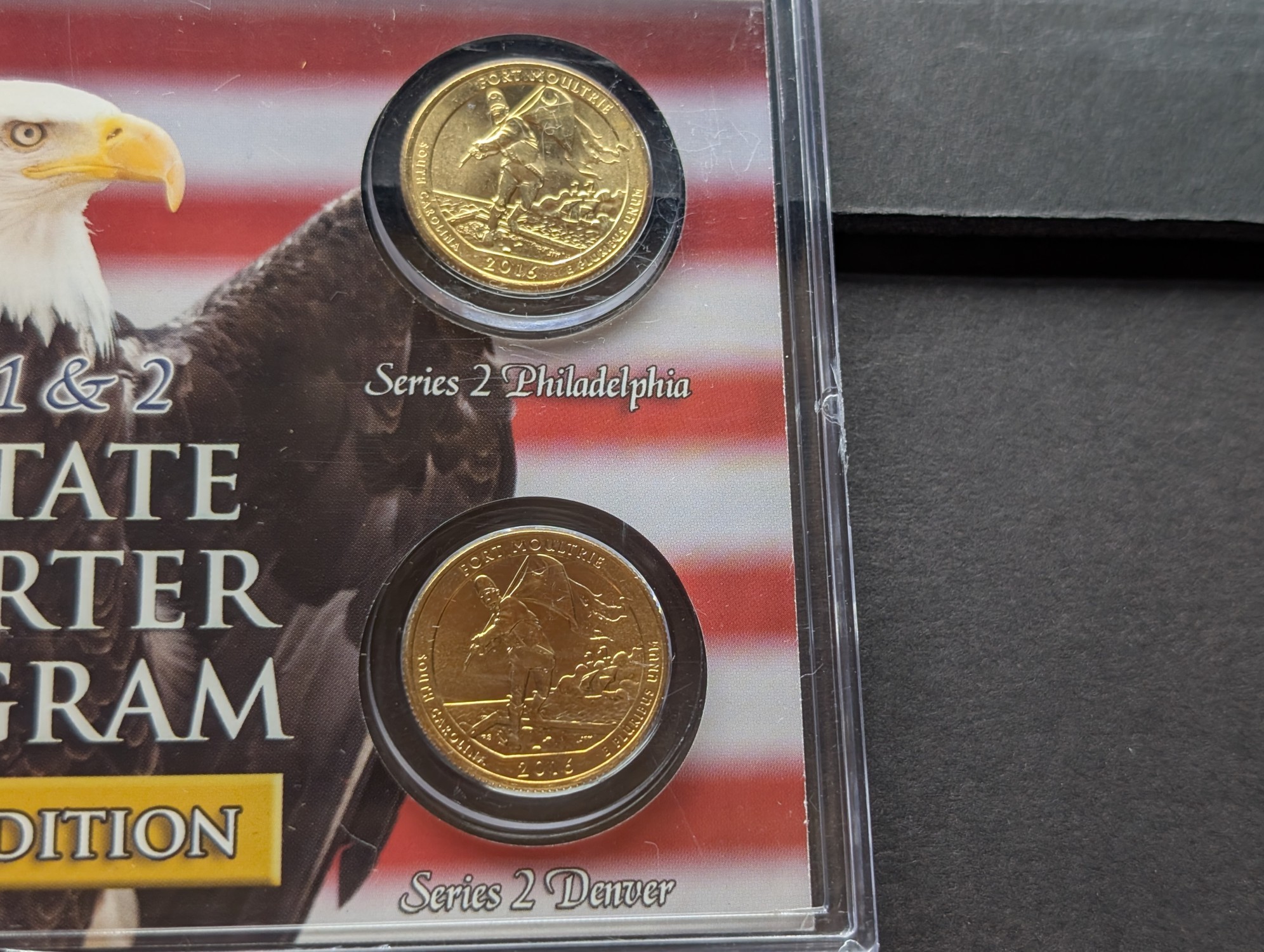 Gold (LAYERED) P&D Mint 2000 South Carolina Statehood & 2016 Fort Moultrie ATB Park Quarter 4-Coin Collection in Protective Plastic Case w/