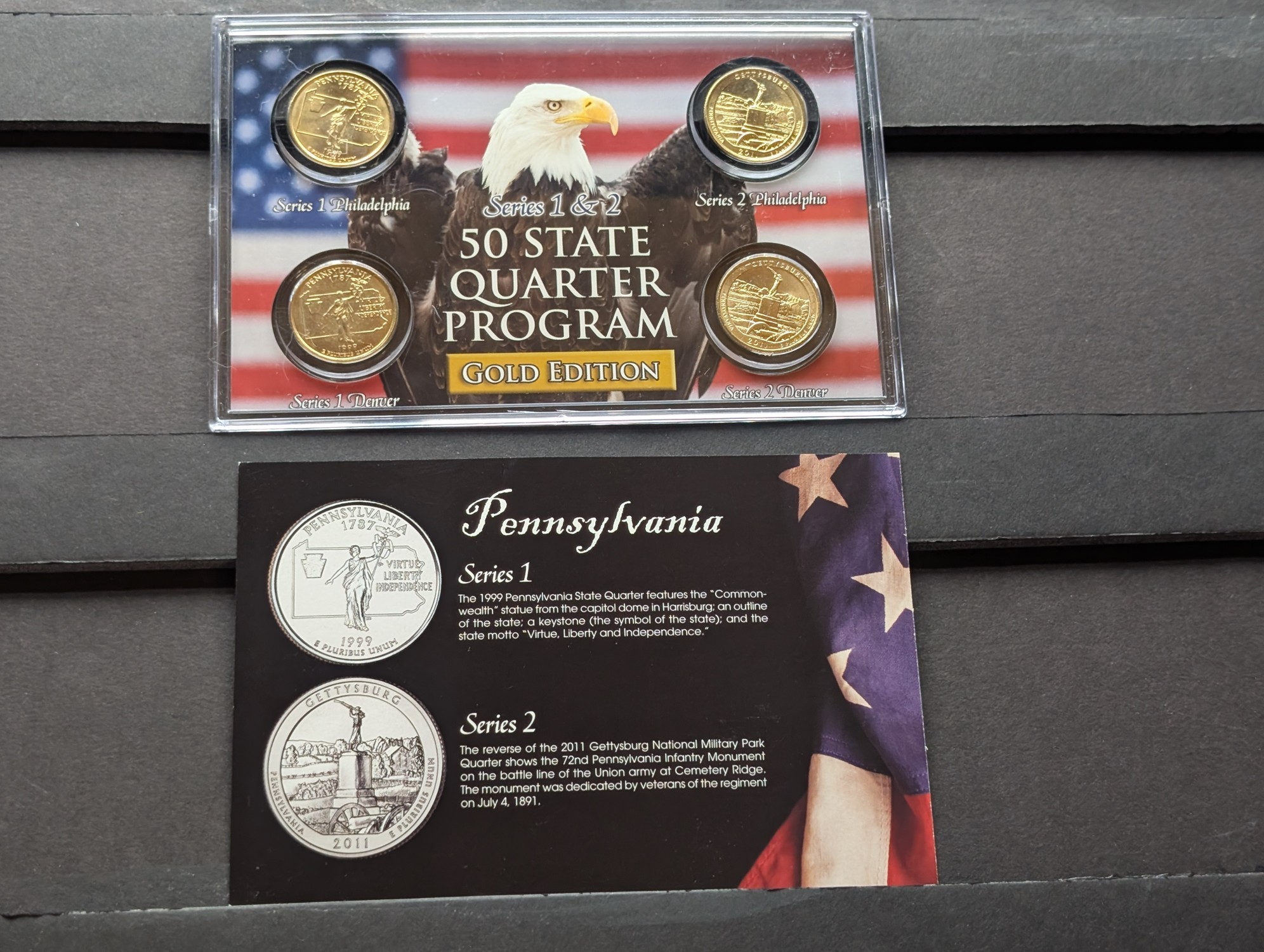 Gold (LAYERED) P&D Mint 1999 Pennsylvania Statehood & 2011 Gettysburg ATB Park Quarter 4-Coin Collection in Protective Plastic Case w/ COA