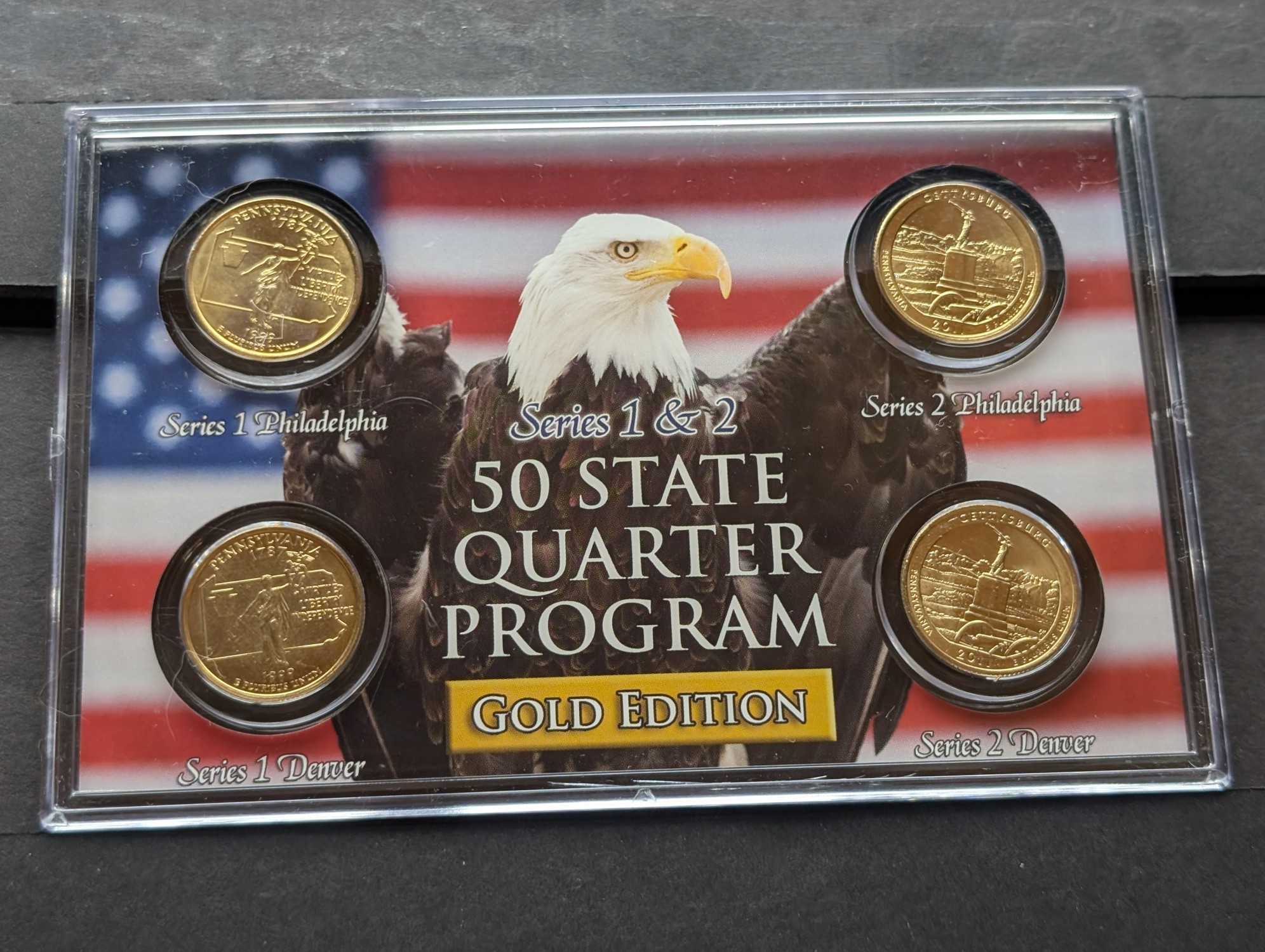 Gold (LAYERED) P&D Mint 1999 Pennsylvania Statehood & 2011 Gettysburg ATB Park Quarter 4-Coin Collection in Protective Plastic Case w/ COA
