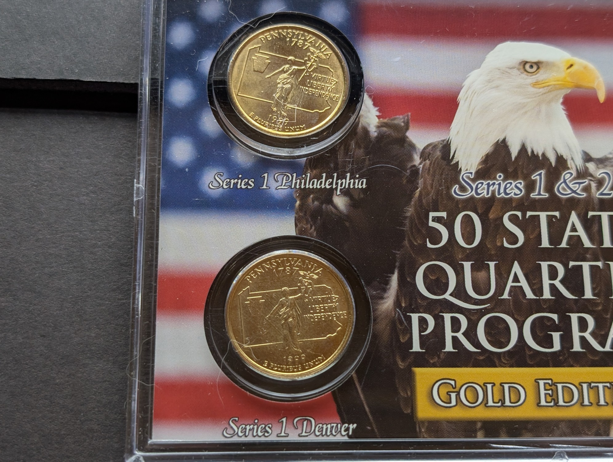 Gold (LAYERED) P&D Mint 1999 Pennsylvania Statehood & 2011 Gettysburg ATB Park Quarter 4-Coin Collection in Protective Plastic Case w/ COA