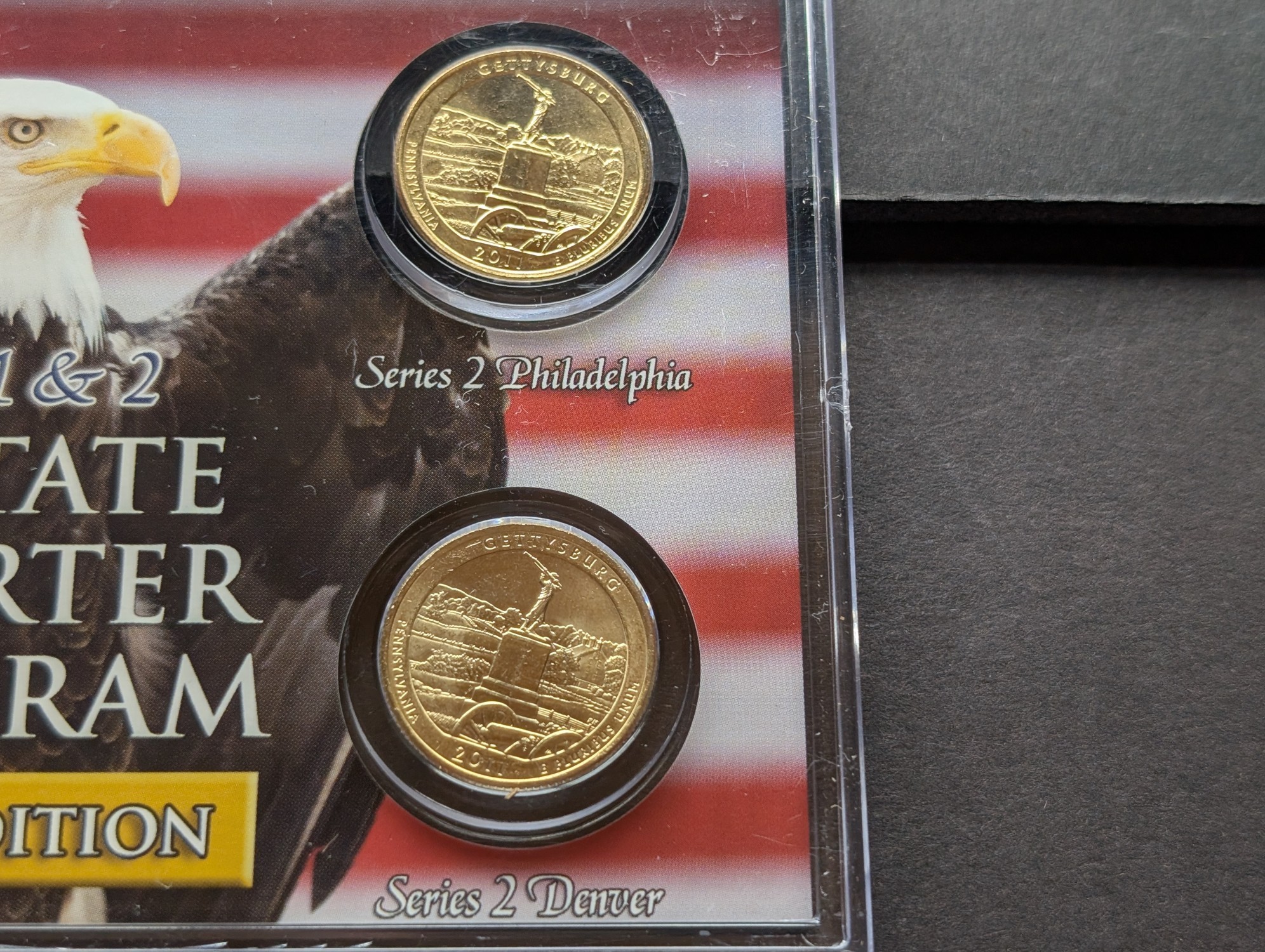 Gold (LAYERED) P&D Mint 1999 Pennsylvania Statehood & 2011 Gettysburg ATB Park Quarter 4-Coin Collection in Protective Plastic Case w/ COA