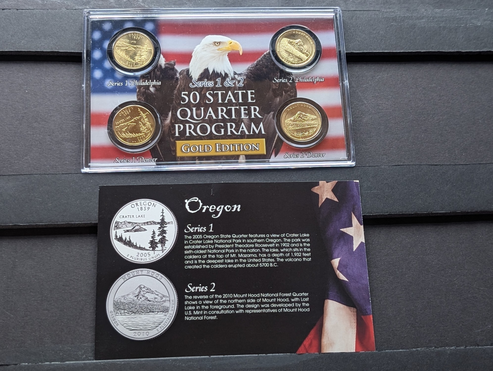Gold (LAYERED) P&D Mint 2005 Oregon Statehood & 2010 Mount Hood ATB Park Quarter 4-Coin Collection in Protective Plastic Case w/ COA