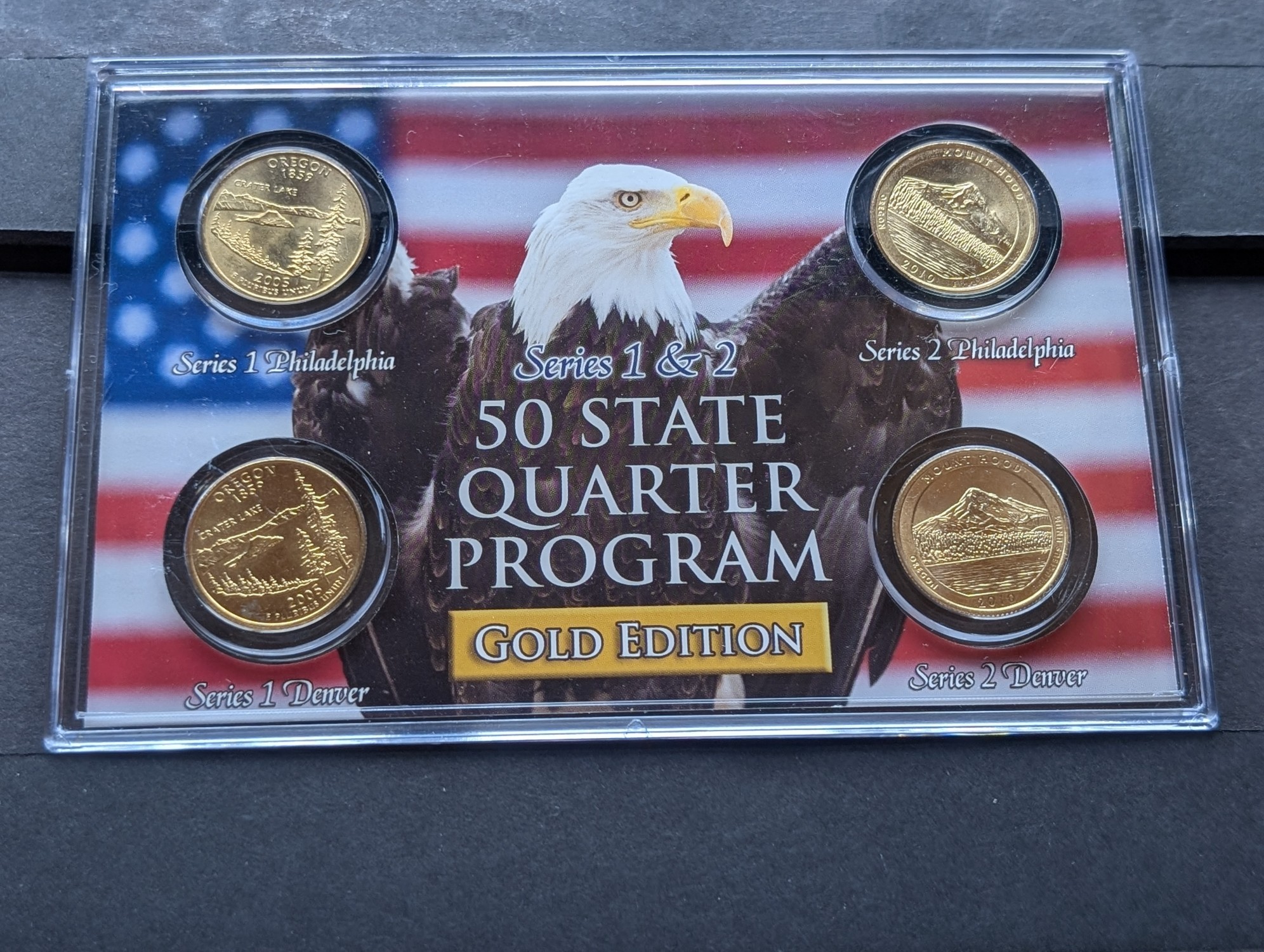 Gold (LAYERED) P&D Mint 2005 Oregon Statehood & 2010 Mount Hood ATB Park Quarter 4-Coin Collection in Protective Plastic Case w/ COA