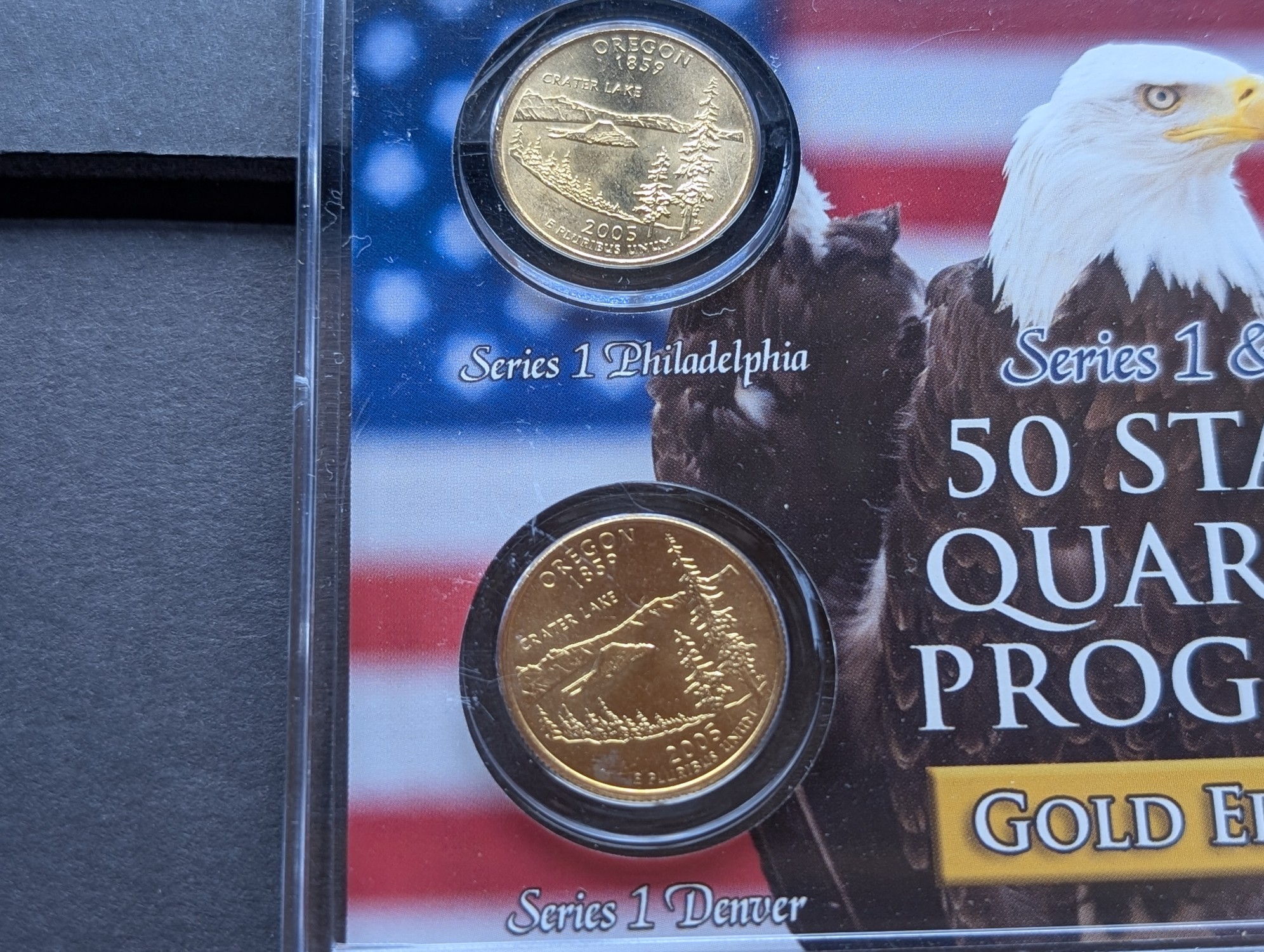 Gold (LAYERED) P&D Mint 2005 Oregon Statehood & 2010 Mount Hood ATB Park Quarter 4-Coin Collection in Protective Plastic Case w/ COA