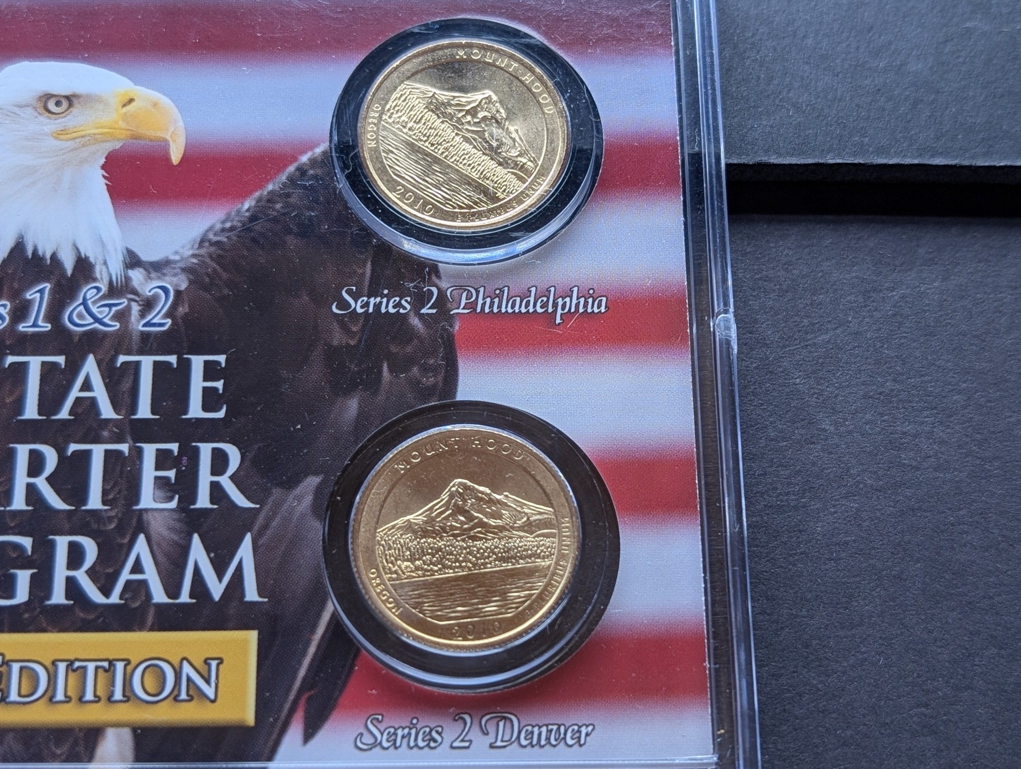 Gold (LAYERED) P&D Mint 2005 Oregon Statehood & 2010 Mount Hood ATB Park Quarter 4-Coin Collection in Protective Plastic Case w/ COA