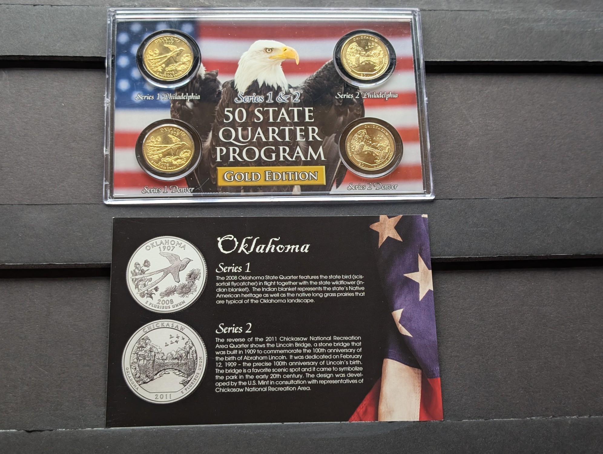Gold (LAYERED) P&D Mint 2008 Oklahoma Statehood & 2011 Chickasaw ATB Park Quarter 4-Coin Collection in Protective Plastic Case w/ COA