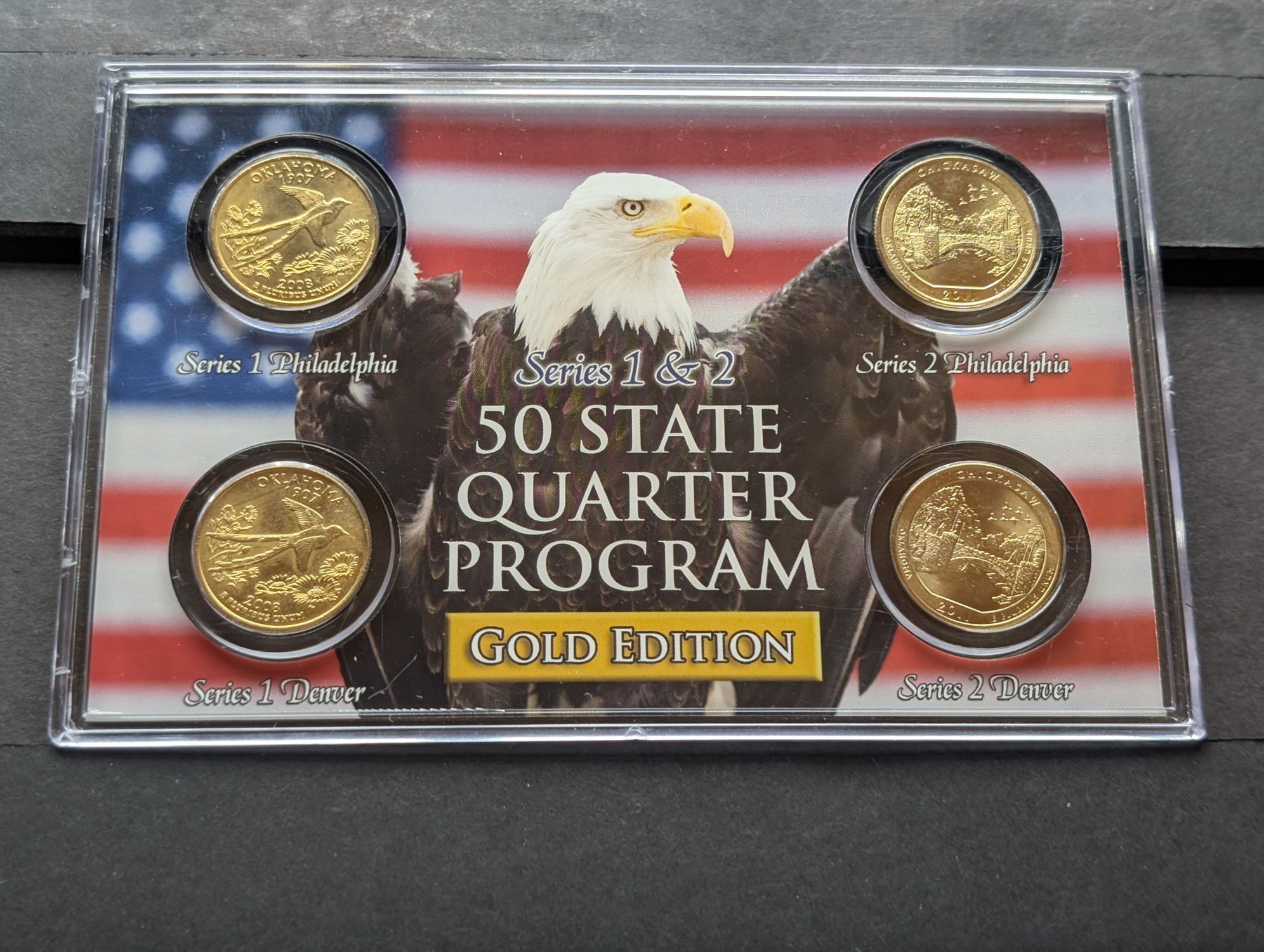 Gold (LAYERED) P&D Mint 2008 Oklahoma Statehood & 2011 Chickasaw ATB Park Quarter 4-Coin Collection in Protective Plastic Case w/ COA