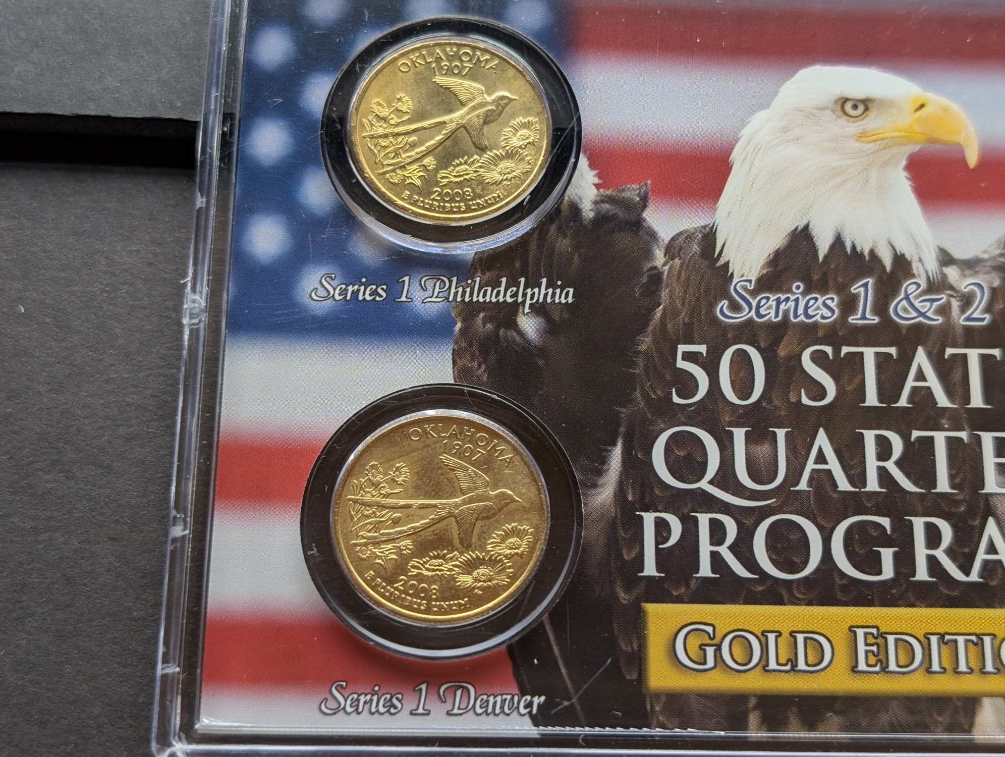 Gold (LAYERED) P&D Mint 2008 Oklahoma Statehood & 2011 Chickasaw ATB Park Quarter 4-Coin Collection in Protective Plastic Case w/ COA