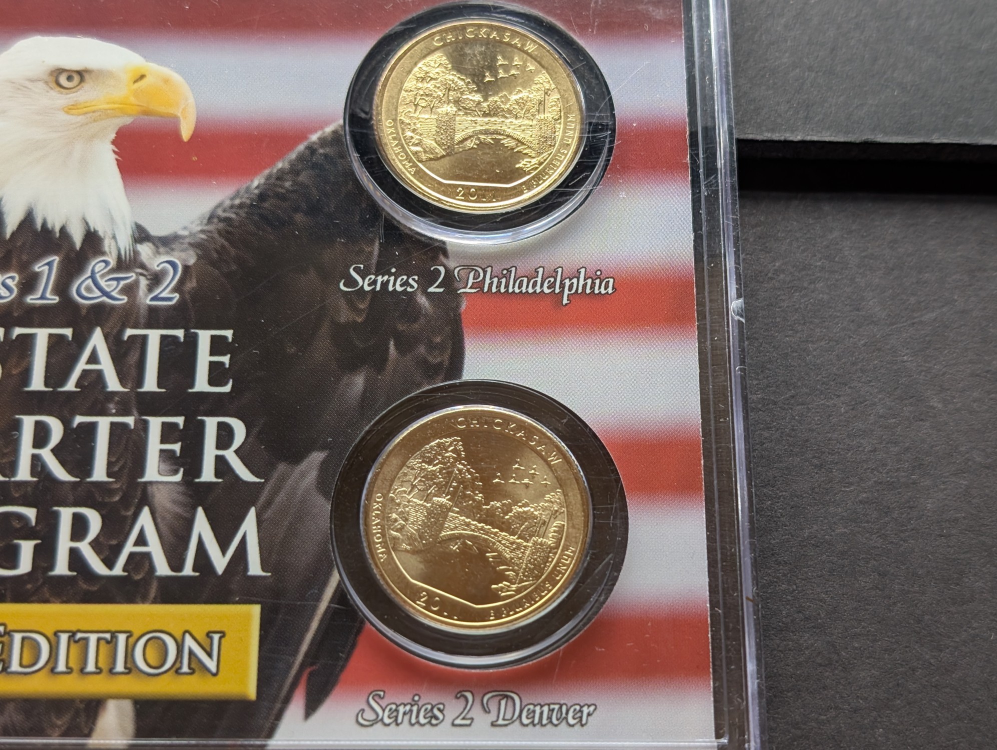 Gold (LAYERED) P&D Mint 2008 Oklahoma Statehood & 2011 Chickasaw ATB Park Quarter 4-Coin Collection in Protective Plastic Case w/ COA