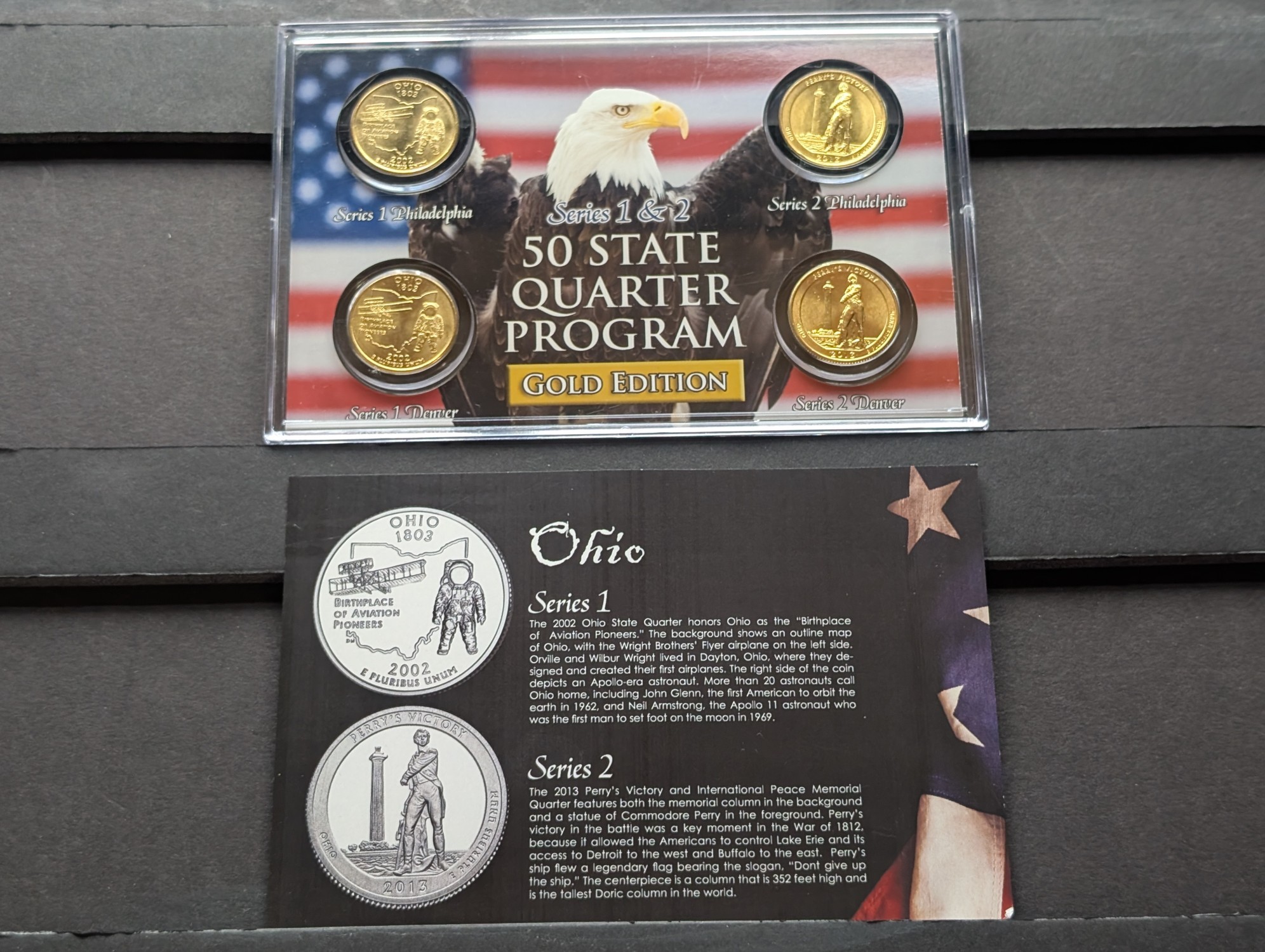 Gold (LAYERED) P&D Mint 2002 Ohio Statehood & 2013 Perry's Victory ATB Park Quarter 4-Coin Collection in Protective Plastic Case w/ COA