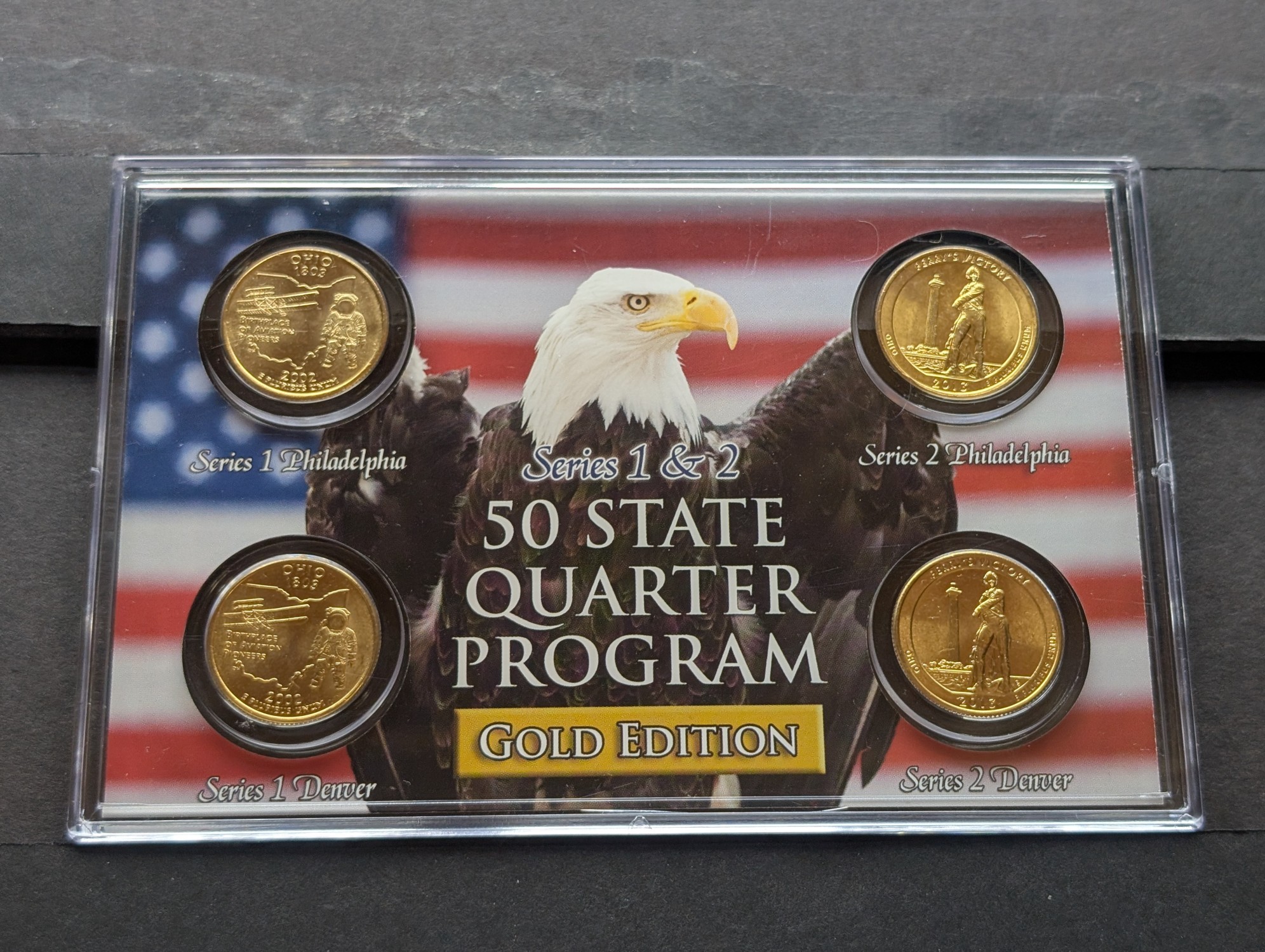 Gold (LAYERED) P&D Mint 2002 Ohio Statehood & 2013 Perry's Victory ATB Park Quarter 4-Coin Collection in Protective Plastic Case w/ COA