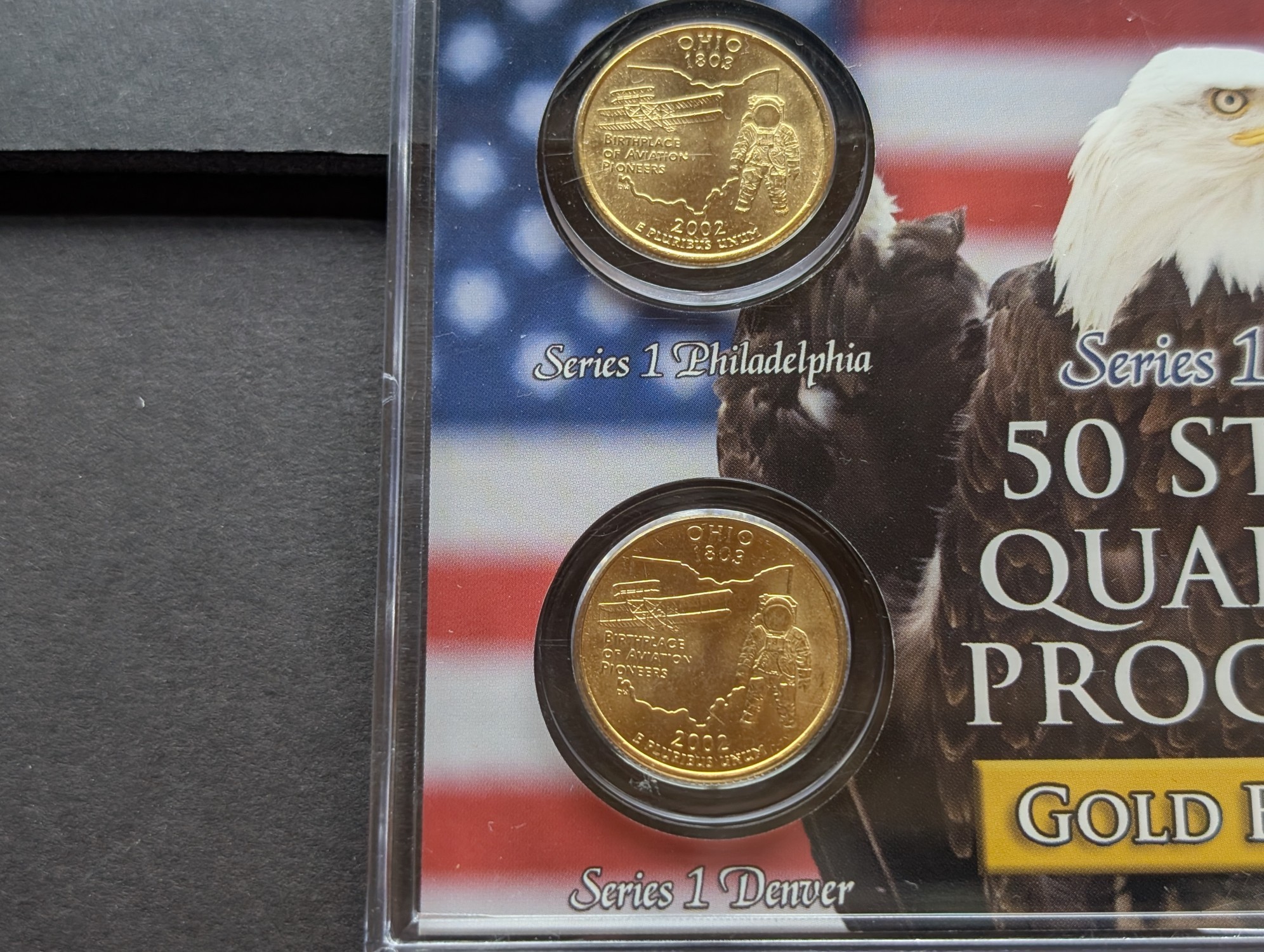 Gold (LAYERED) P&D Mint 2002 Ohio Statehood & 2013 Perry's Victory ATB Park Quarter 4-Coin Collection in Protective Plastic Case w/ COA