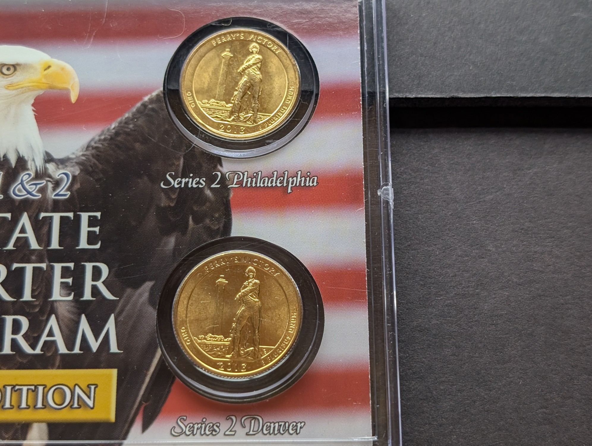 Gold (LAYERED) P&D Mint 2002 Ohio Statehood & 2013 Perry's Victory ATB Park Quarter 4-Coin Collection in Protective Plastic Case w/ COA