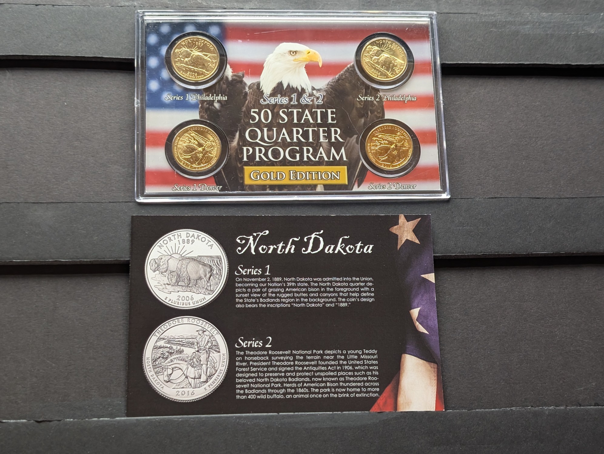 Gold (LAYERED) P&D Mint 2006 North Dakota Statehood & 2016 Theodore Roosevelt ATB Park Quarter 4-Coin Collection in Protective Plastic Case 