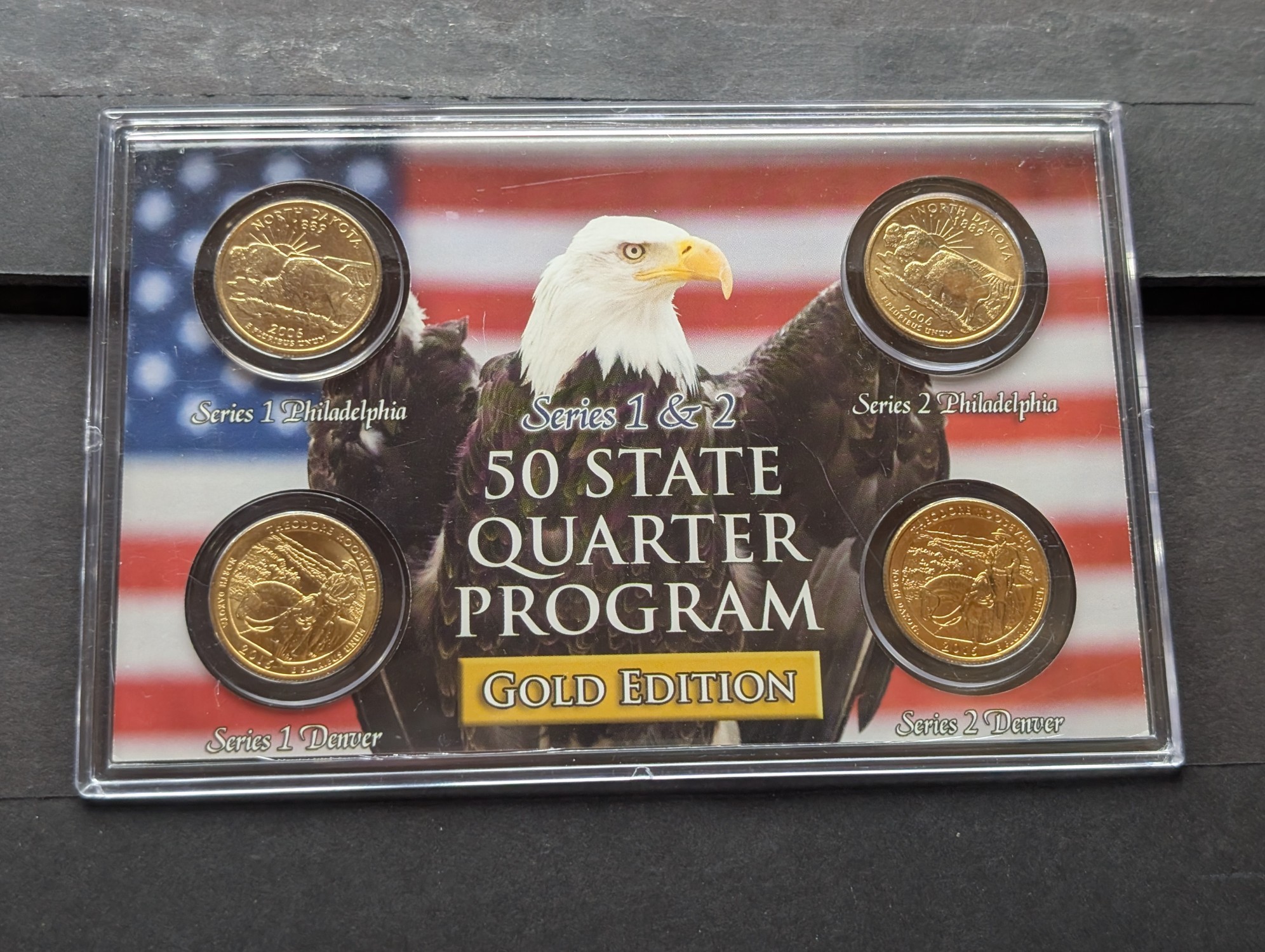 Gold (LAYERED) P&D Mint 2006 North Dakota Statehood & 2016 Theodore Roosevelt ATB Park Quarter 4-Coin Collection in Protective Plastic Case 