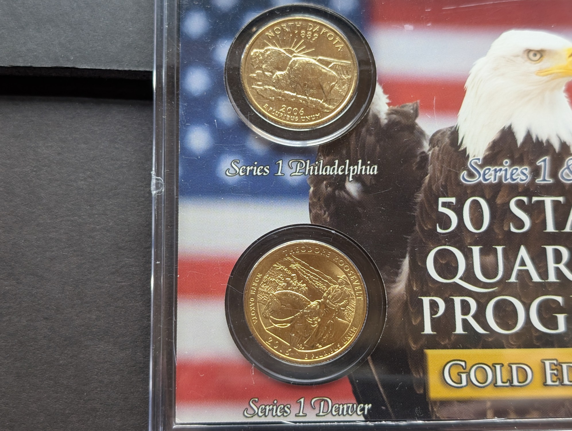 Gold (LAYERED) P&D Mint 2006 North Dakota Statehood & 2016 Theodore Roosevelt ATB Park Quarter 4-Coin Collection in Protective Plastic Case 