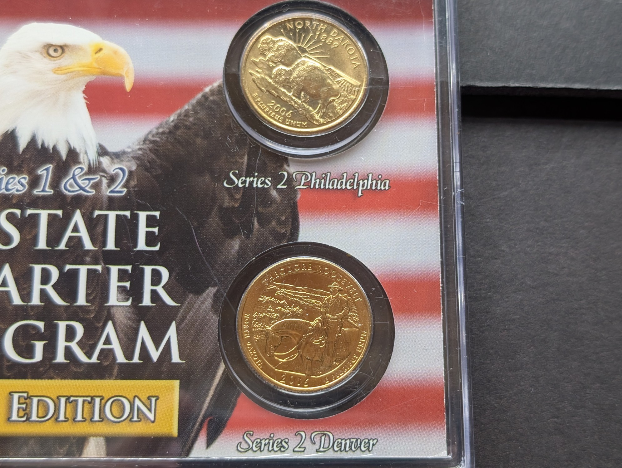 Gold (LAYERED) P&D Mint 2006 North Dakota Statehood & 2016 Theodore Roosevelt ATB Park Quarter 4-Coin Collection in Protective Plastic Case 