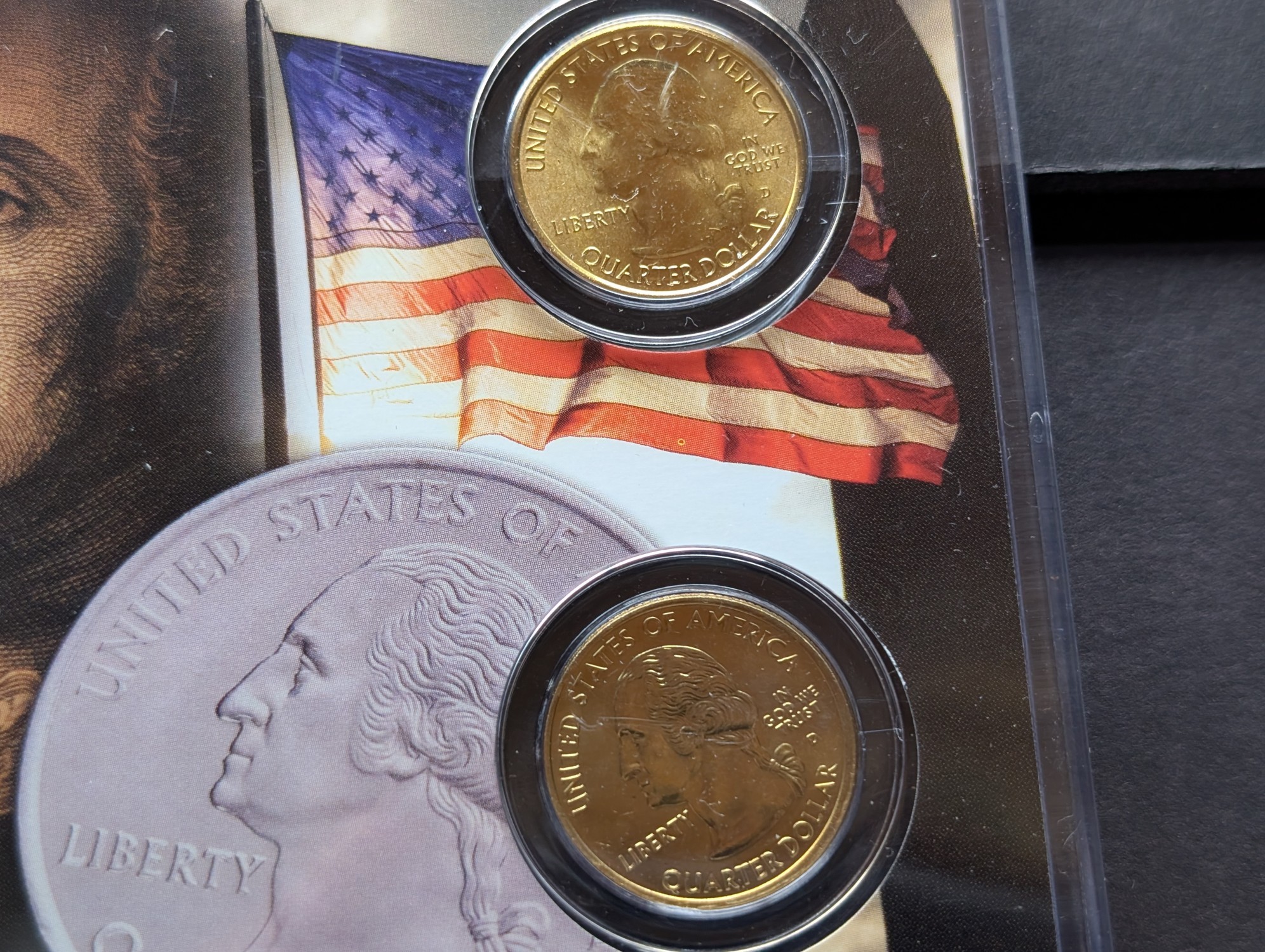 Gold (LAYERED) P&D Mint 2006 North Dakota Statehood & 2016 Theodore Roosevelt ATB Park Quarter 4-Coin Collection in Protective Plastic Case 