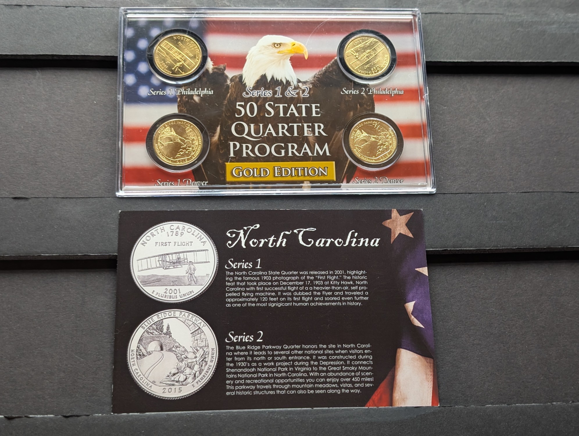 Gold (LAYERED) P&D Mint 2001 North Carolina Statehood & 2015 Blue Ridge Parkway ATB Park Quarter 4-Coin Collection in Protective Plastic Cas