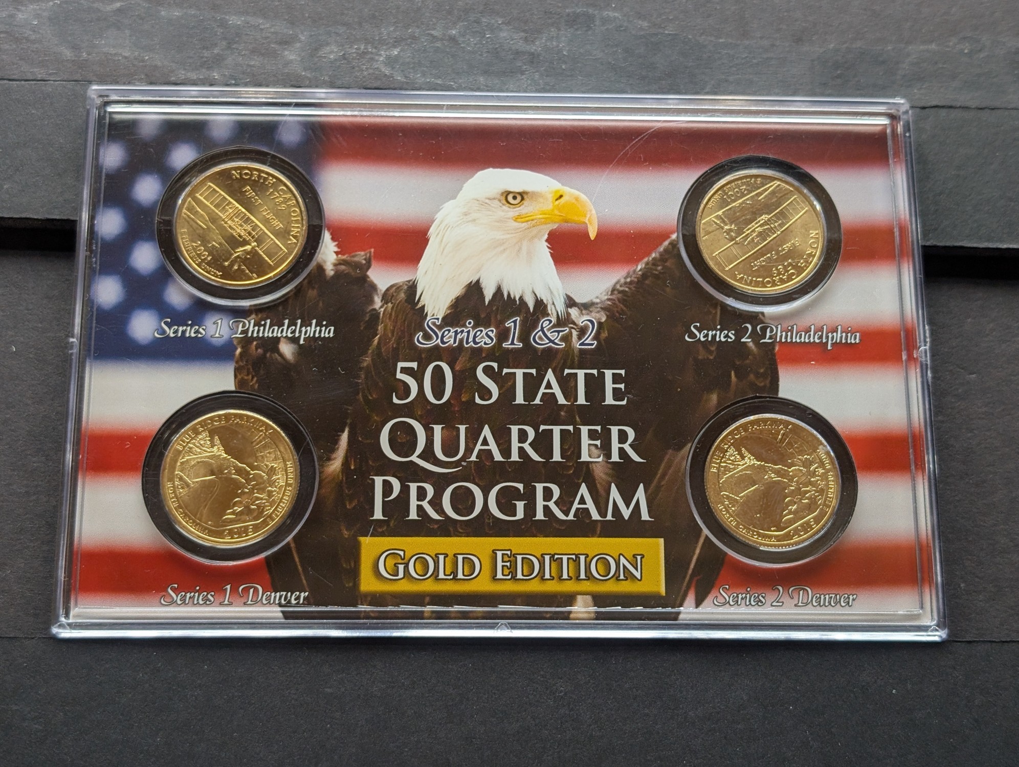 Gold (LAYERED) P&D Mint 2001 North Carolina Statehood & 2015 Blue Ridge Parkway ATB Park Quarter 4-Coin Collection in Protective Plastic Cas