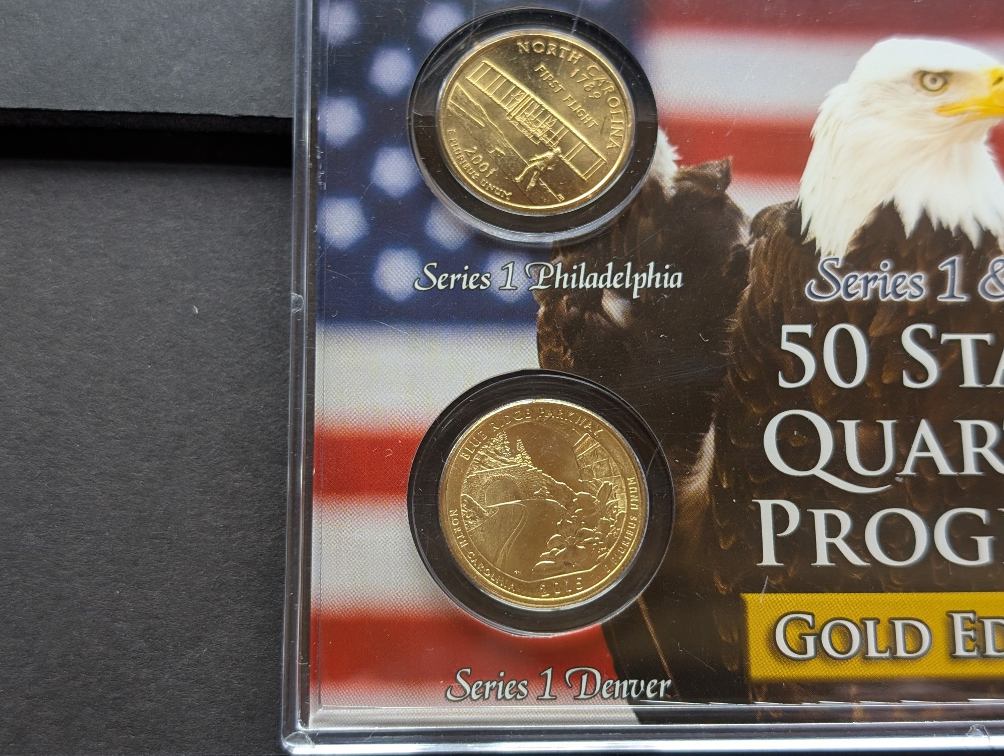 Gold (LAYERED) P&D Mint 2001 North Carolina Statehood & 2015 Blue Ridge Parkway ATB Park Quarter 4-Coin Collection in Protective Plastic Cas