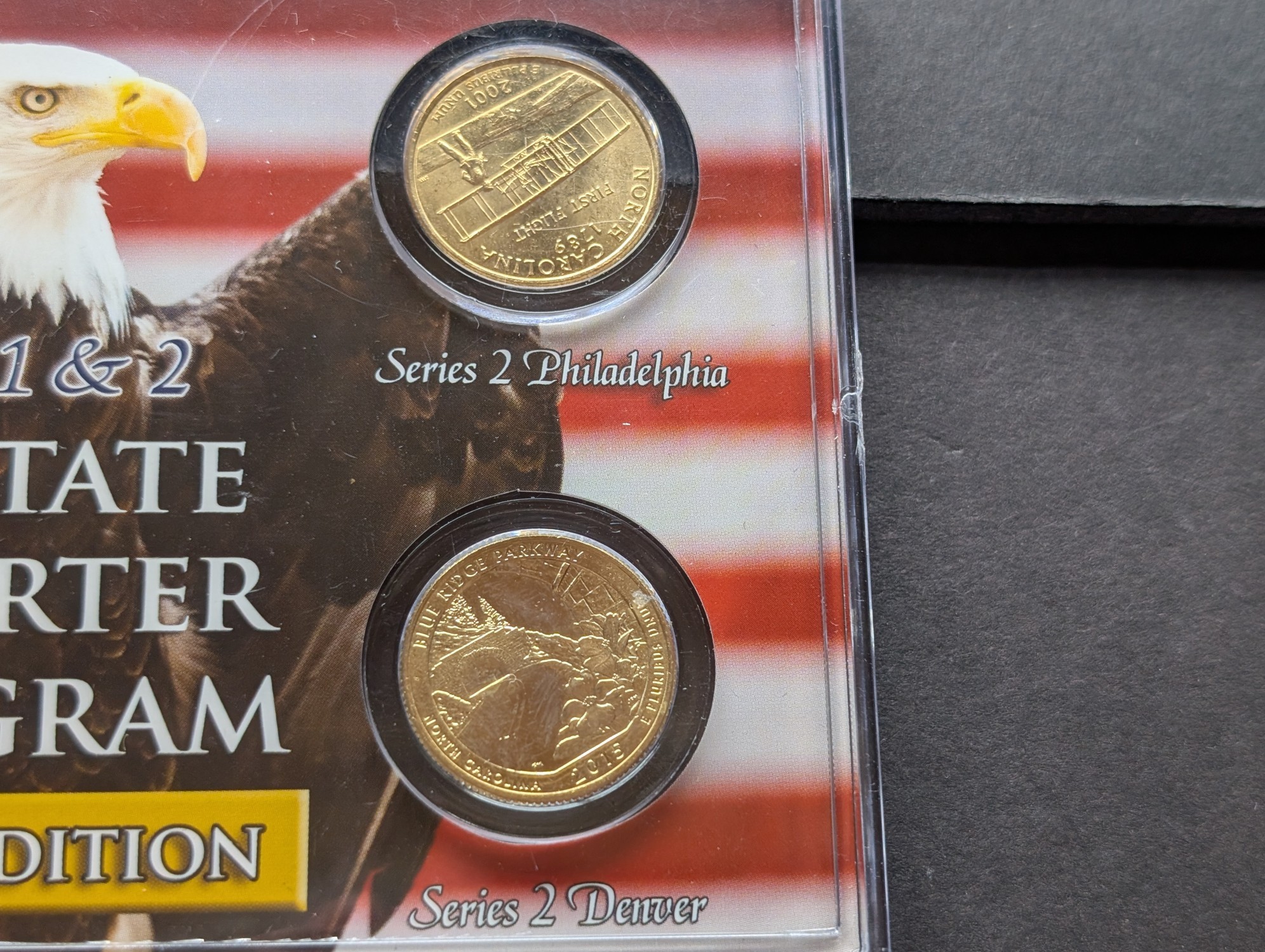 Gold (LAYERED) P&D Mint 2001 North Carolina Statehood & 2015 Blue Ridge Parkway ATB Park Quarter 4-Coin Collection in Protective Plastic Cas