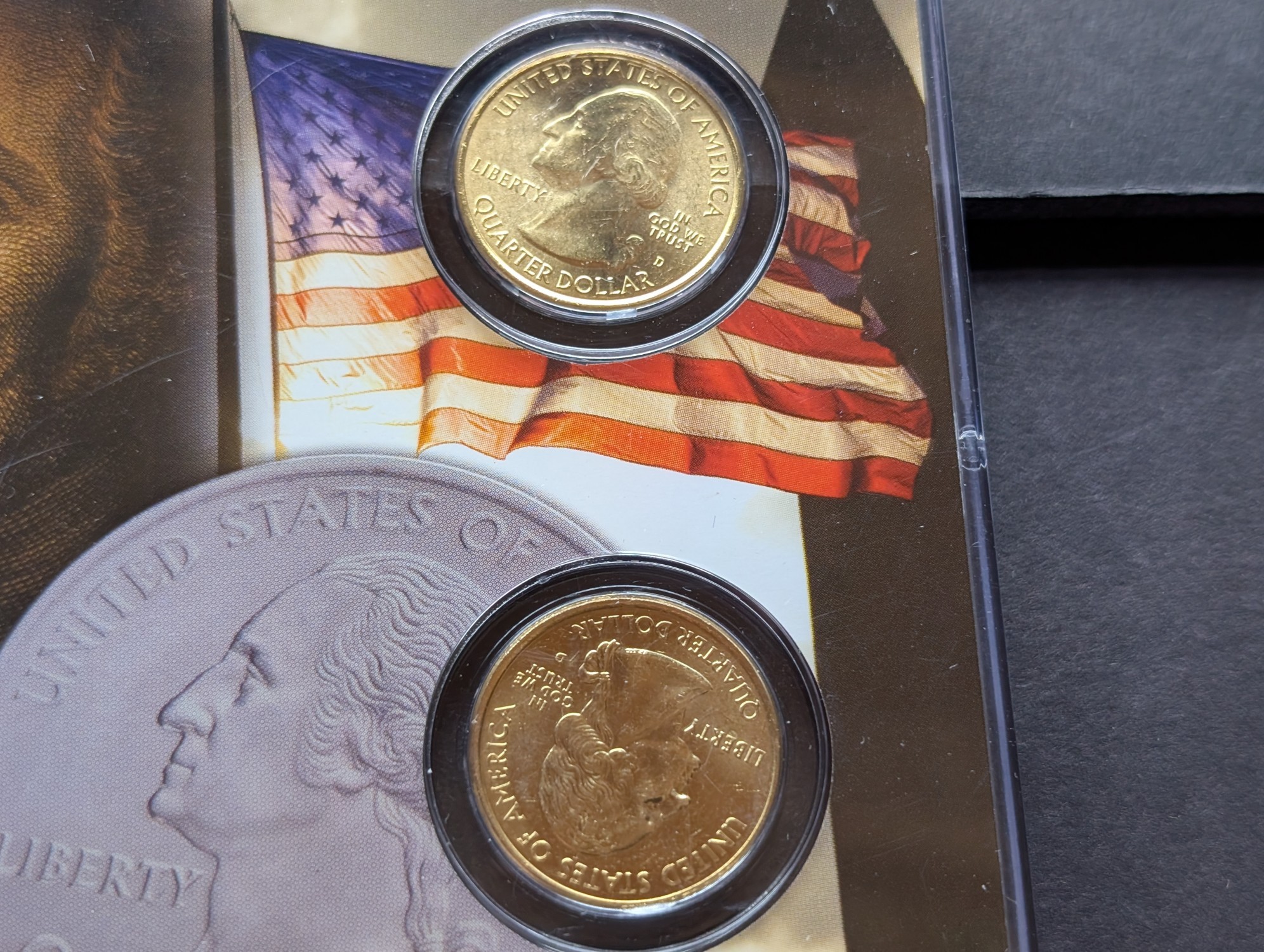 Gold (LAYERED) P&D Mint 2001 North Carolina Statehood & 2015 Blue Ridge Parkway ATB Park Quarter 4-Coin Collection in Protective Plastic Cas