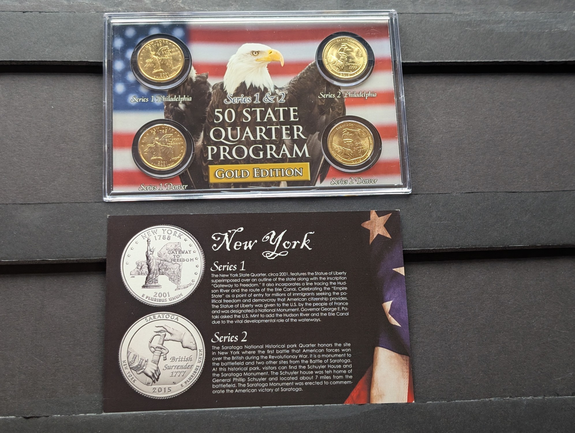 Gold (LAYERED) P&D Mint 2001 New York Statehood & 2015 Saratoga ATB Park Quarter 4-Coin Collection in Protective Plastic Case w/ COA