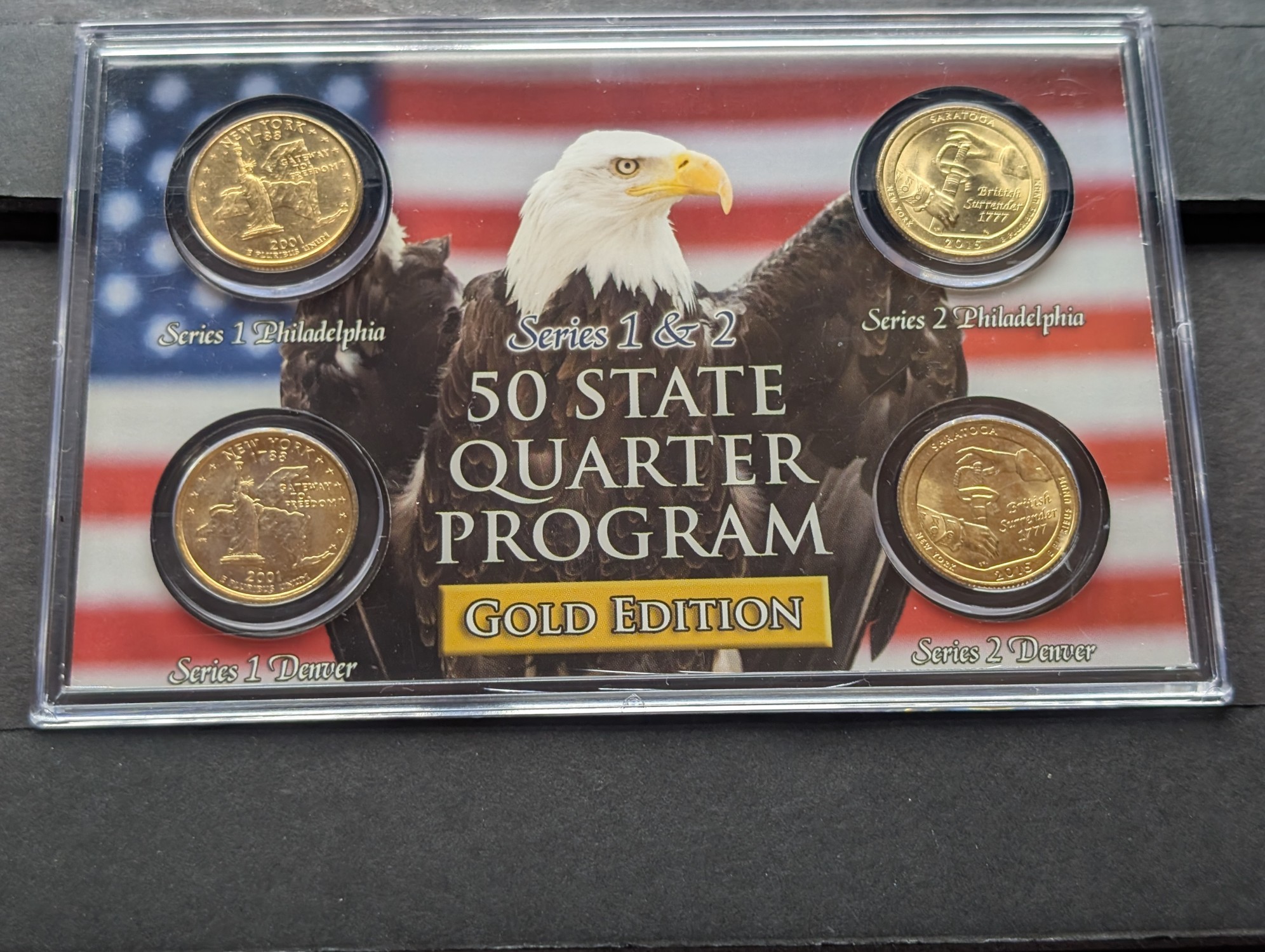 Gold (LAYERED) P&D Mint 2001 New York Statehood & 2015 Saratoga ATB Park Quarter 4-Coin Collection in Protective Plastic Case w/ COA