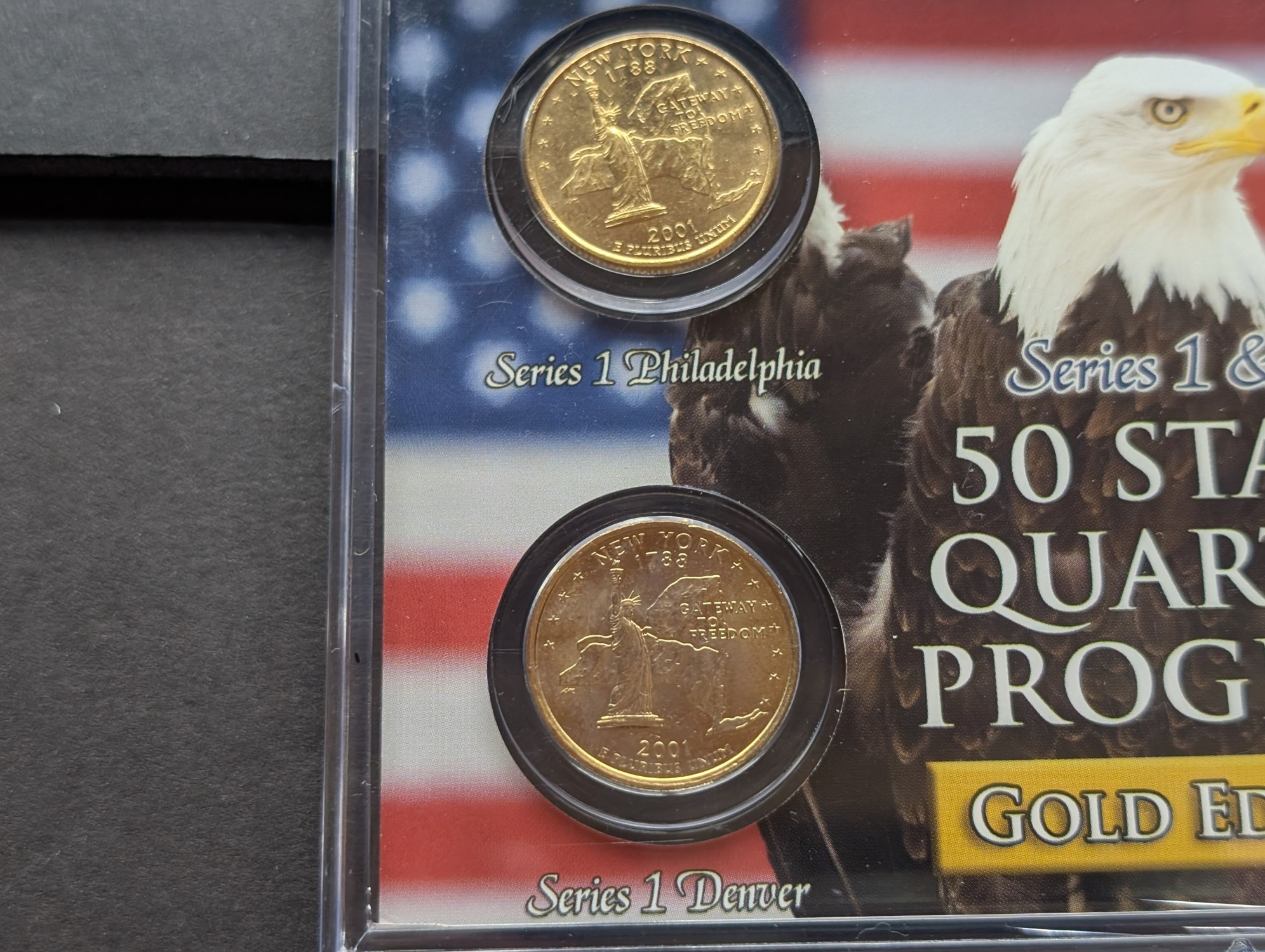 Gold (LAYERED) P&D Mint 2001 New York Statehood & 2015 Saratoga ATB Park Quarter 4-Coin Collection in Protective Plastic Case w/ COA
