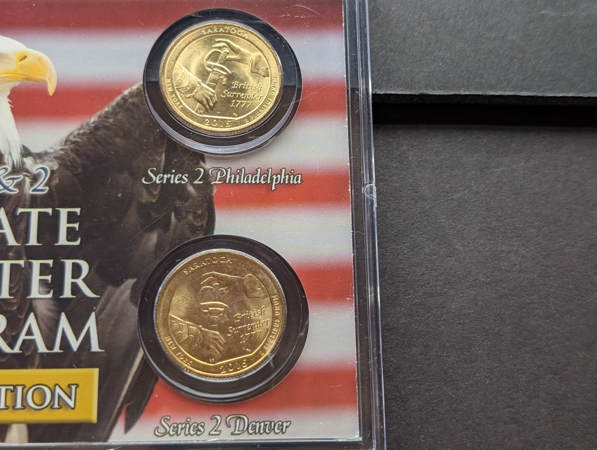 Gold (LAYERED) P&D Mint 2001 New York Statehood & 2015 Saratoga ATB Park Quarter 4-Coin Collection in Protective Plastic Case w/ COA