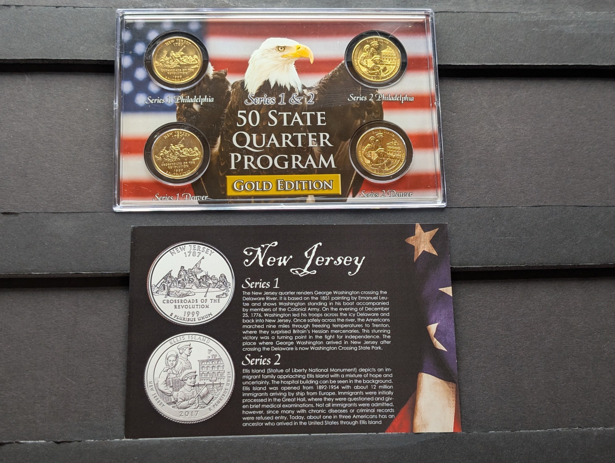 Gold (LAYERED) P&D Mint 1999 New Jersey Statehood & 2017 Ellis Island ATB Park Quarter 4-Coin Collection in Protective Plastic Case w/ COA