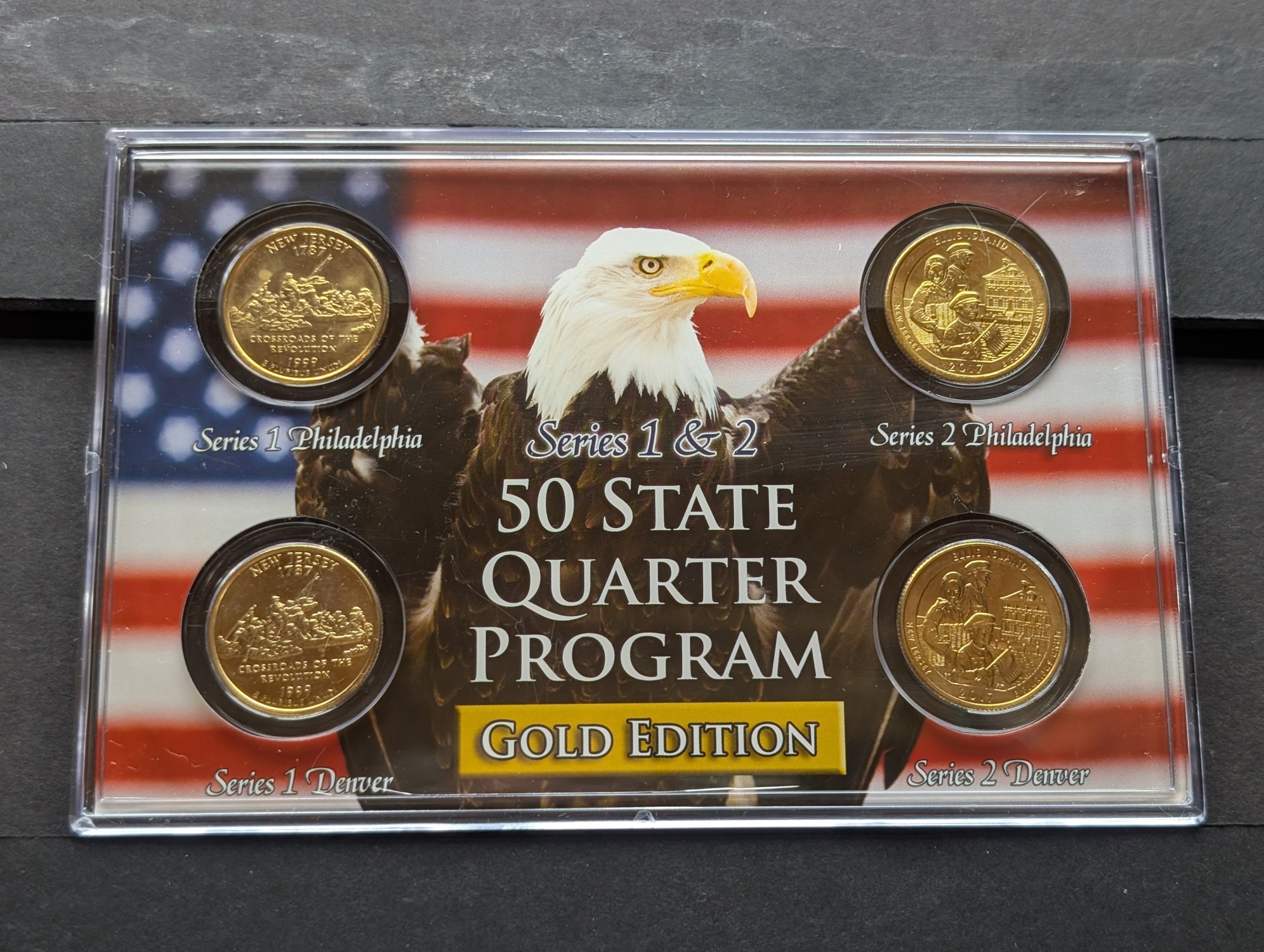 Gold (LAYERED) P&D Mint 1999 New Jersey Statehood & 2017 Ellis Island ATB Park Quarter 4-Coin Collection in Protective Plastic Case w/ COA