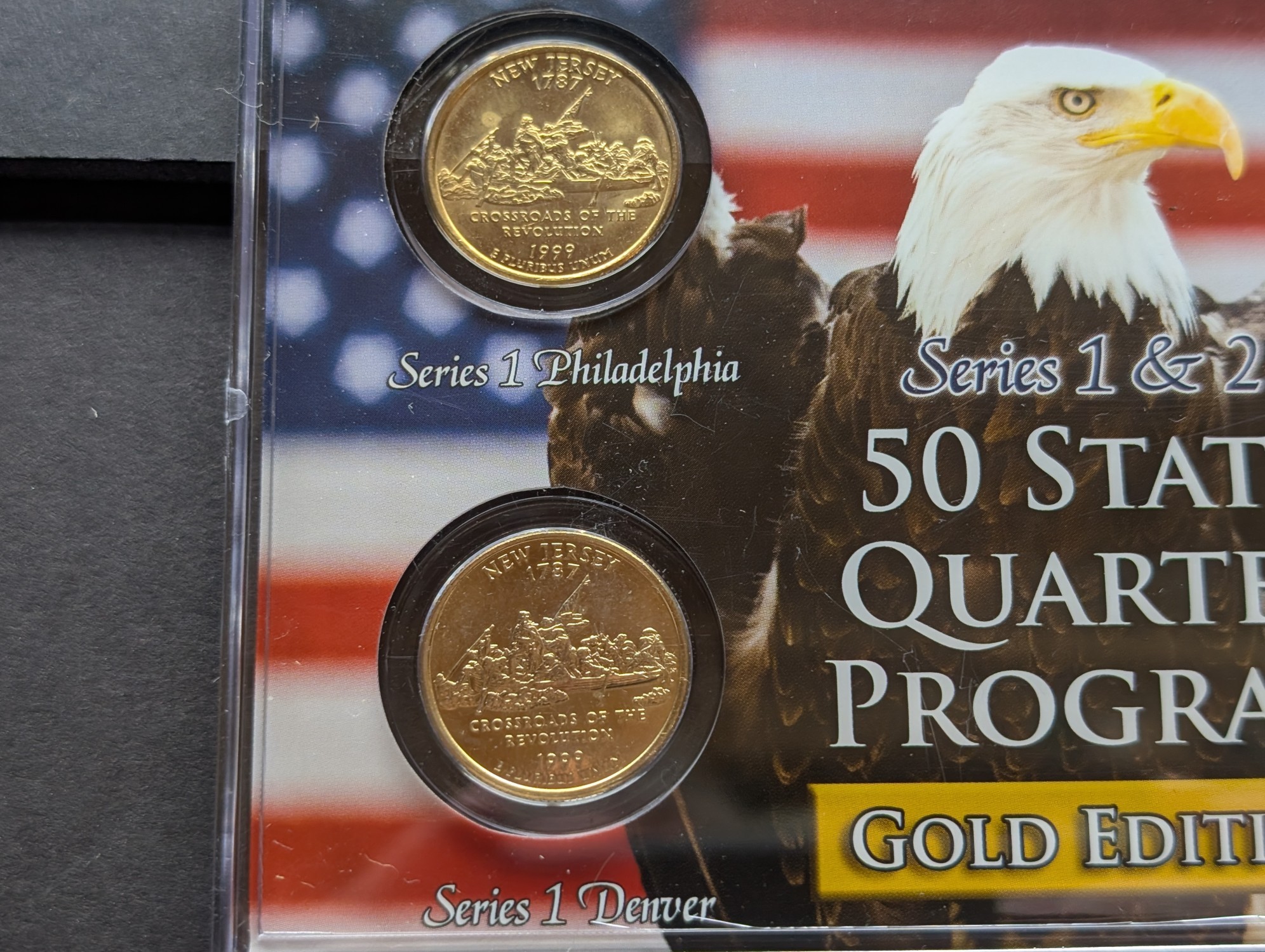 Gold (LAYERED) P&D Mint 1999 New Jersey Statehood & 2017 Ellis Island ATB Park Quarter 4-Coin Collection in Protective Plastic Case w/ COA