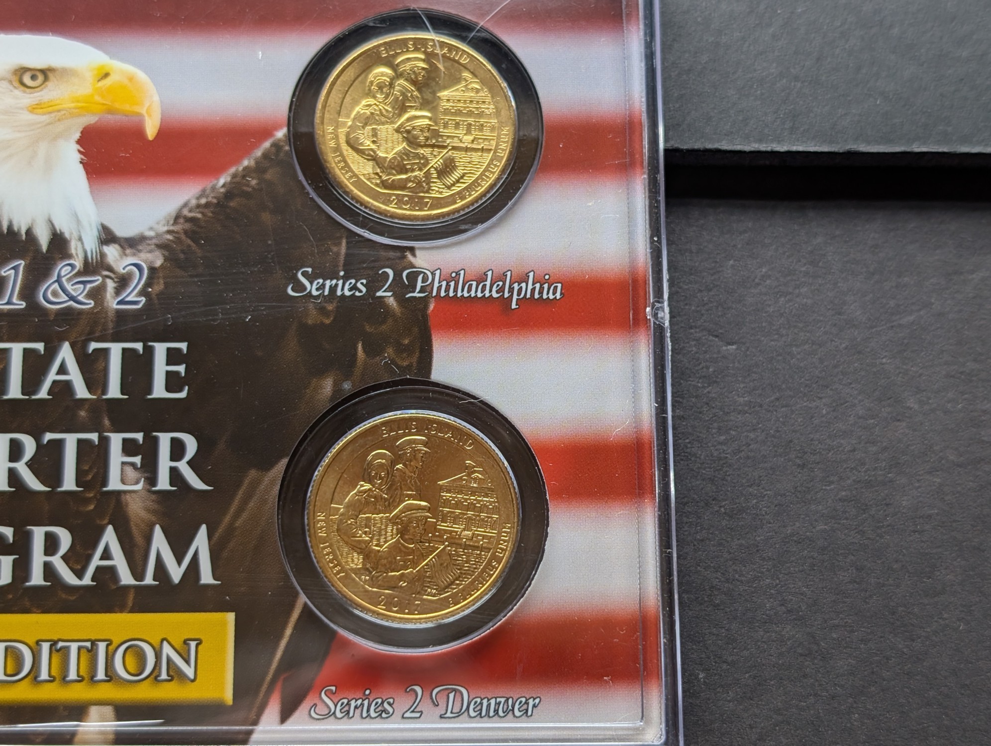 Gold (LAYERED) P&D Mint 1999 New Jersey Statehood & 2017 Ellis Island ATB Park Quarter 4-Coin Collection in Protective Plastic Case w/ COA