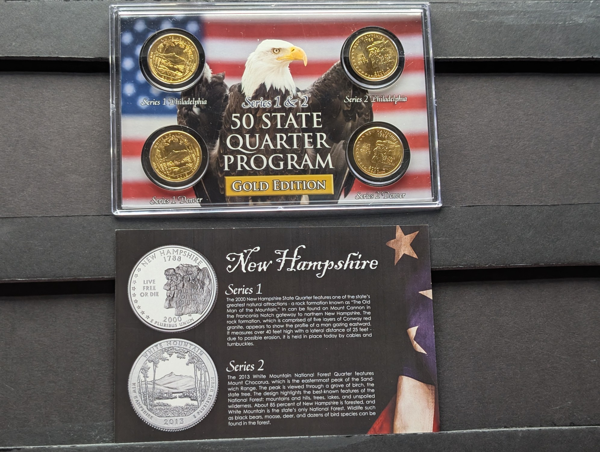 Gold (LAYERED) P&D Mint 2000 New Hampshire Statehood & 2013 White Mountain ATB Park Quarter 4-Coin Collection in Protective Plastic Case w/ 